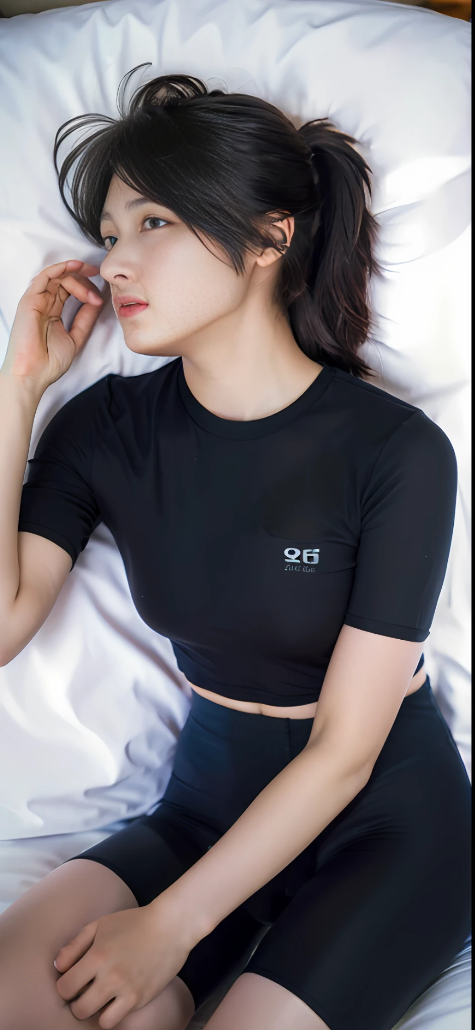 masterpiece, masterpiece, best quality, best quality, real, unity, 8k wallpaper, official art, highly detailed cg unity 8k wallpaper, ulzzang-6500, one girl, cute, professional lighting, ((long black spandex shorts: 1.37)), long hair, disheveled hair, (original: 1.2), (real: 1.4), ultra detailed, high resolution, ultra detailed, fantastic, Fine details, cinematic lighting, simple costumes, detailed clothing texture, bed, sleeping face down, projected from above. (8k, RAW photo, highest quality, masterpiece: 1.27), (realistic, photorealistic: 1.37), physically based rendering, handsome, masterpiece, highest quality, high resolution,