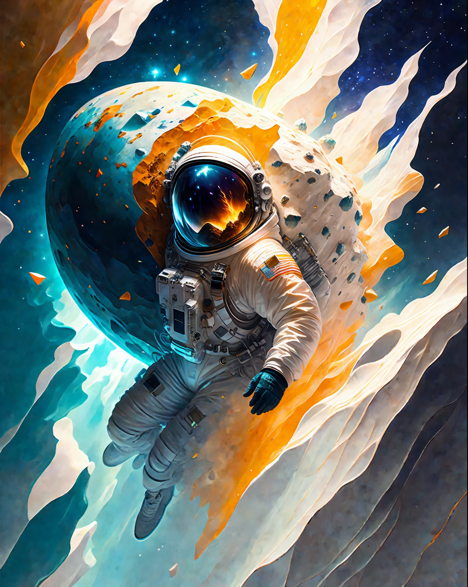astronaut, climbing the asteroid, character render, ultra high quality model, ethereal background, abstract beauty, explosive volumetric, oil painting, heavy strokes, paint dripping