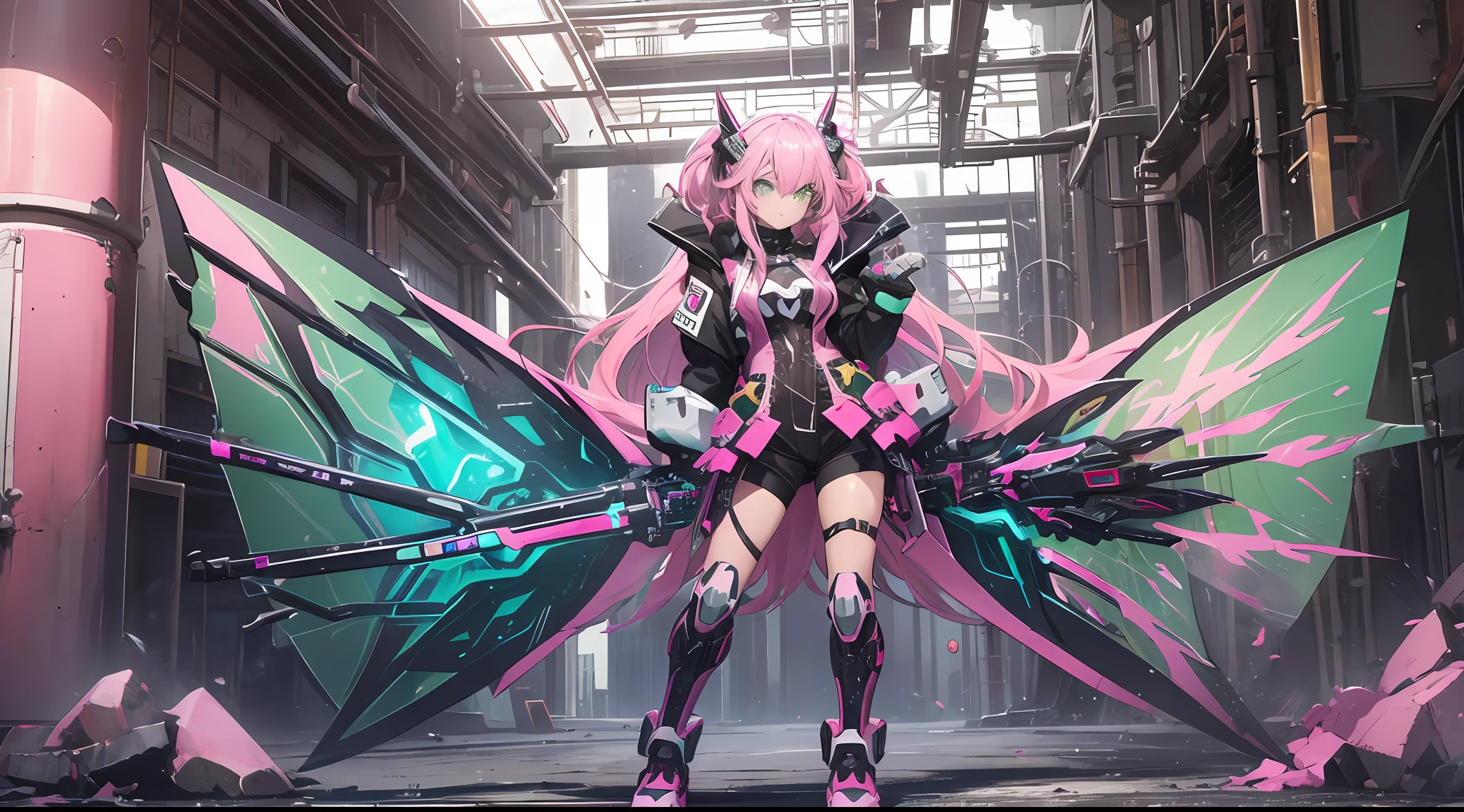 (((masterpiece)))fullbody,fullbodyshot (1 girl)(((pink hair, long hair,straight hair,two side up))), (((green eyes))),eyeshadow, eyeliner,glow eyes, hyper detailed eyes, intricate eyes, beautiful eyes, detailed eyes,((star-shaped pupils,glowing pink pupils))18-year-old girl.((wearing a Transparent jacket made of PVC material)).huge cool Gatling in hands, huge cool weapon machine, mecha, mechanism, machine, open stance,