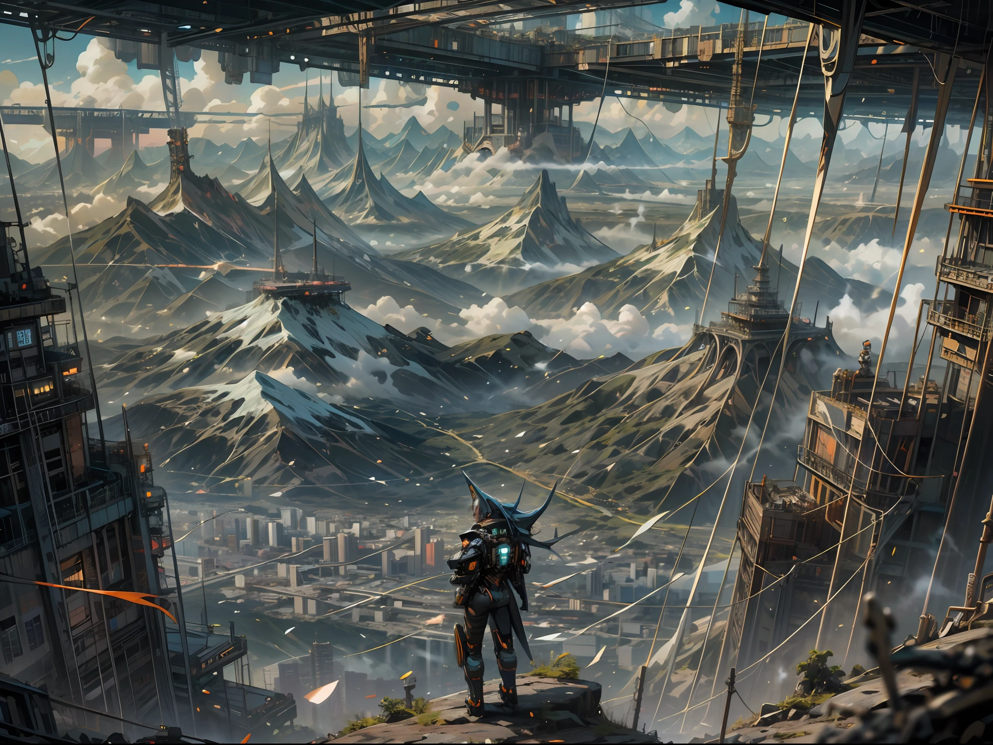 cyborg standing on mountain overlooking city under dark sky, in the style of cyberpunk, photo-realistic landscapes, dark blue and orange, national geographic photo, steelpunk, high quality photo, anime-inspired characters --auto --s2
