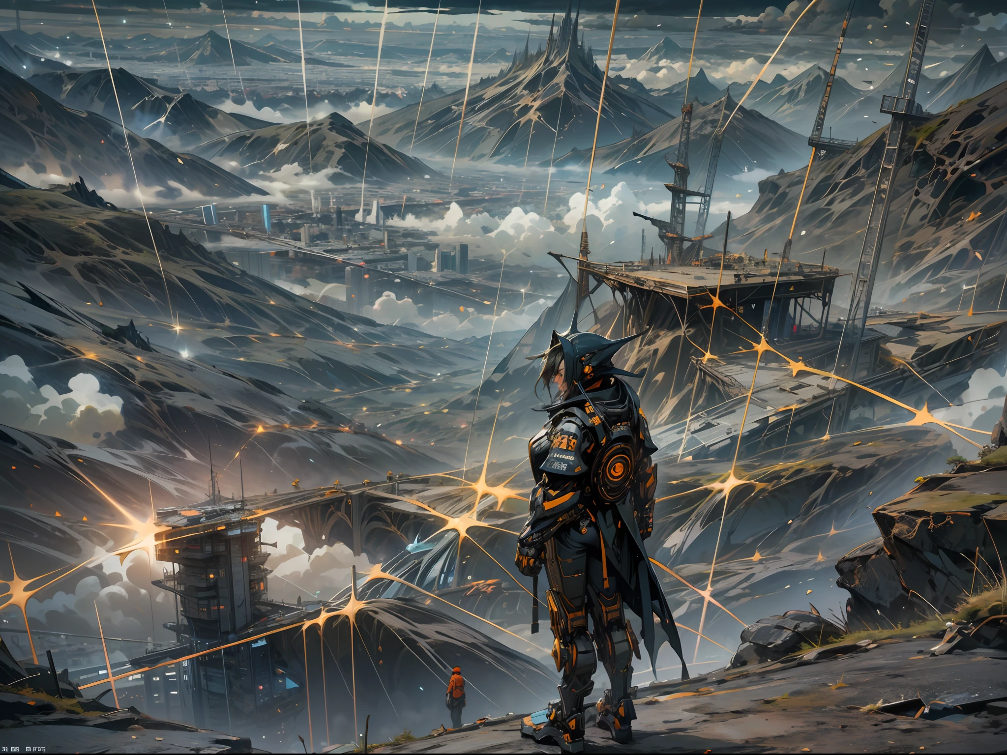 cyborg standing on mountain overlooking city under dark sky, in the style of cyberpunk, photo-realistic landscapes, dark blue and orange, national geographic photo, steelpunk, high quality photo, anime-inspired characters --auto --s2