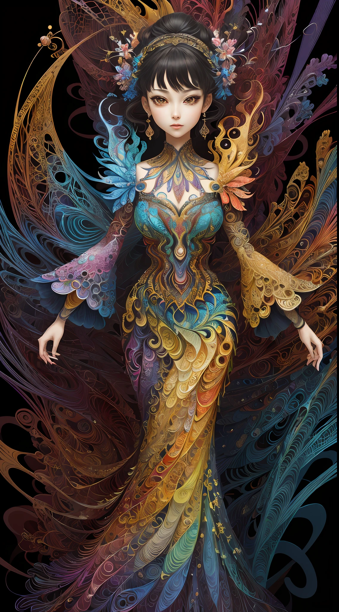 (masterpiece, top quality, best quality, official art, beautiful and aesthetic:1.2), (1girl:1.3), extremely detailed,(fractal art:1.2),colorful,highest detailed,(zentangle:1.2), (dynamic pose), (abstract background:1.5), (treditional dress:1.2), (shiny skin), (many colors:1.4), upper body, masterpiece, best quality,high quality,highres, 16K,RAW,ultra highres,ultra details,finely detail,an extremely delicate and beautiful,extremely detailed,real shadow, anime,highly detailed painted,award winning glamour paintting,wonderful paintting,art style,stylized,