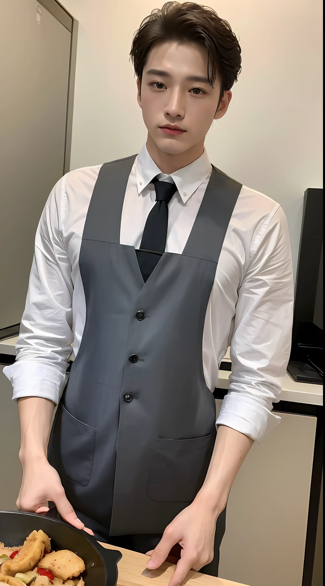 ((top quality, 8k, masterpiece: 1.3)), 1 boy, cool man who looks good in suit: 1.3, (has a frying pan: 1.3), (wears a white apron over a black suit)