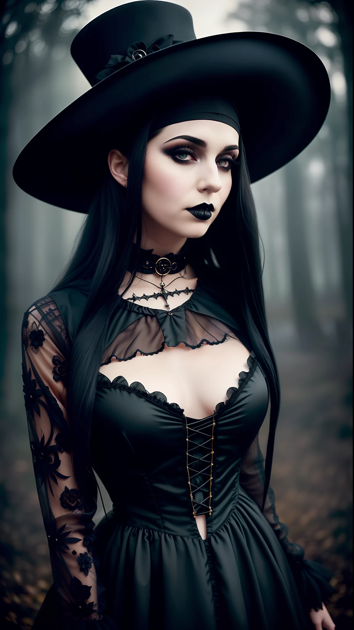 girl, (erotism:1.3), (gothic dress:1.3), highly detailed, black long  hair, empress, black lipstick, Cinematic film still, big hat, hdr, cinematic lighting, (volumetric fog:0.7)