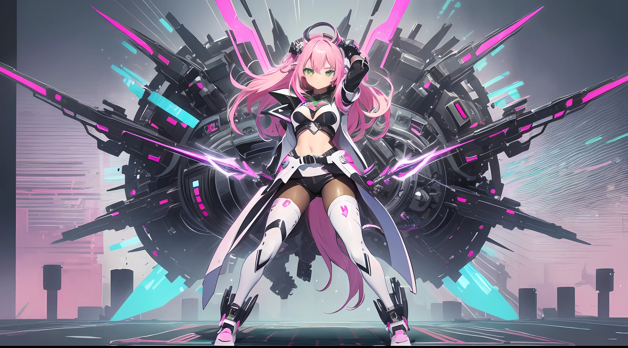 (((masterpiece)))fullbody,fullbodyshot (1 girl)(((pink hair, long hair,straight hair,two side up))), (((green eyes))),eyeshadow, eyeliner,glow eyes, hyper detailed eyes, intricate eyes, beautiful eyes, detailed eyes,((star-shaped pupils,glowing pink pupils))18-year-old girl.((wearing a Transparent jacket made of PVC material)).huge cool Gatling in hands, huge cool weapon machine, mecha, mechanism, machine, open stance,