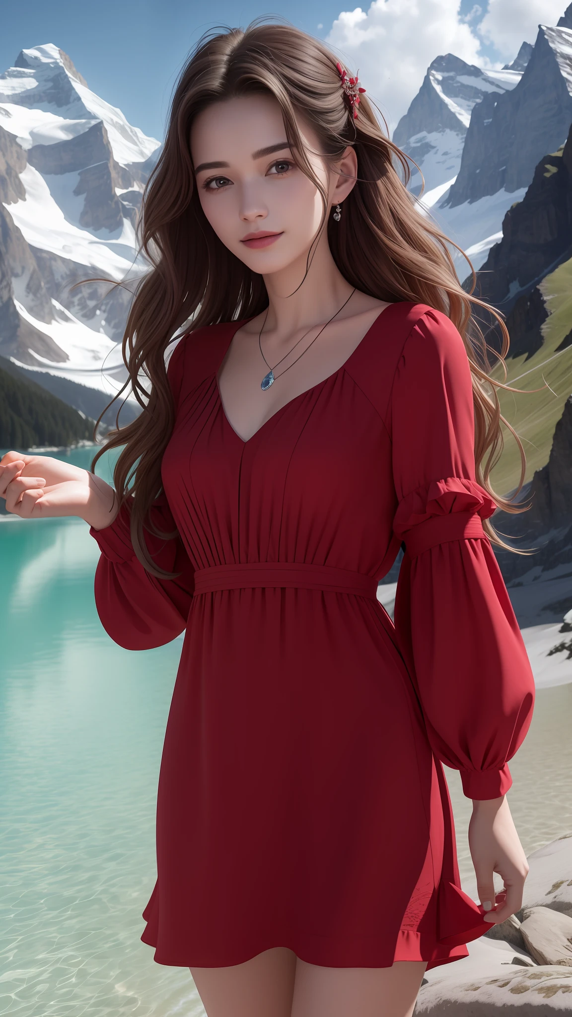 masterpiece,ultra realistic,32k,extremely detailed CG unity 8k wallpaper, best quality,
The Swiss Alps, Switzerland, ( Dark red A-line dress ) ,((spring day )), Beachy waves with a side part ,eardrop,lady ,necklace,