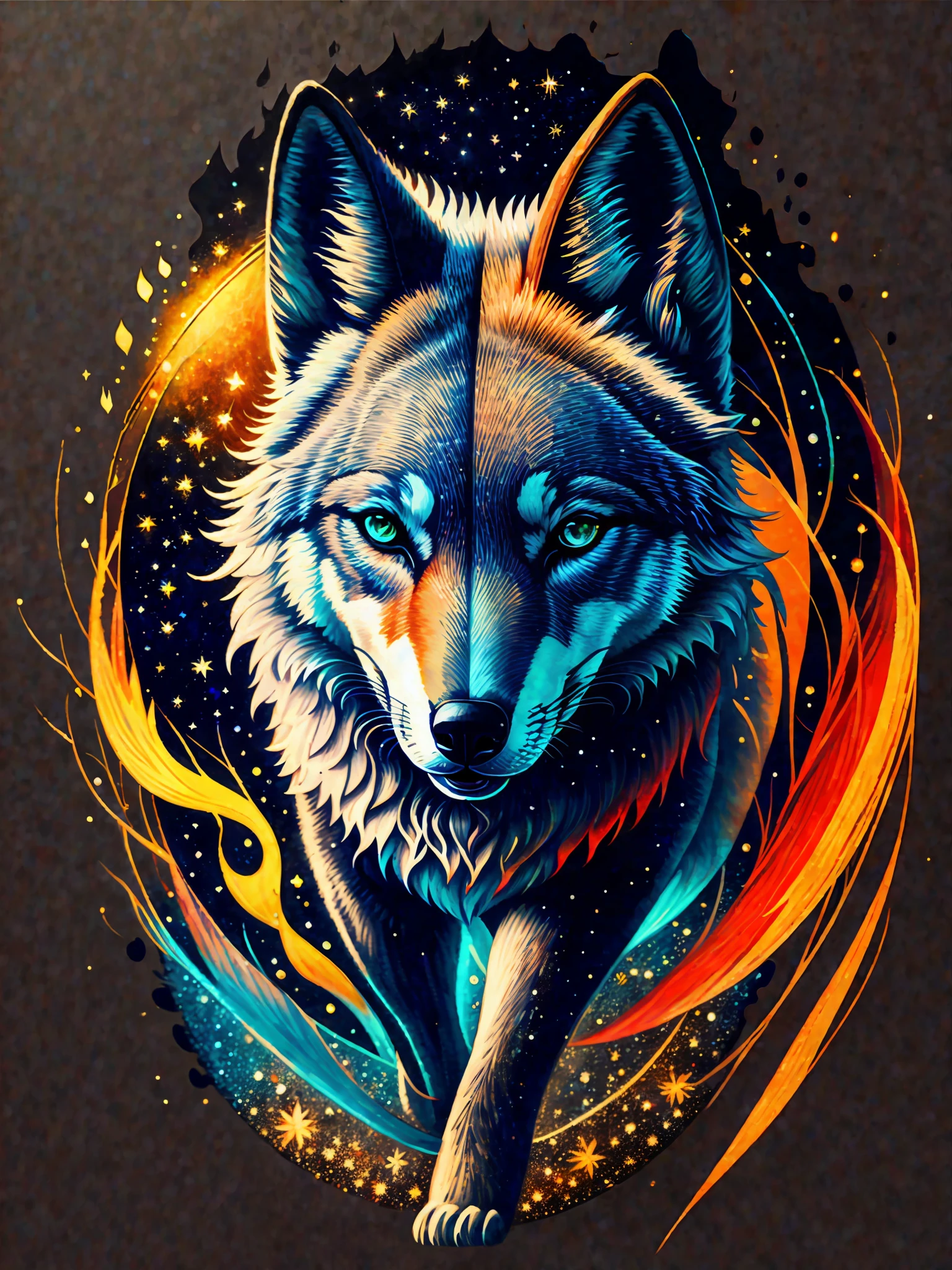 a painting of a colored wolf on a black background, breathtaking rendering, within a radiant connection, inspired by Kinuko Y. Craft,, magical elements, wolf icon, wow, is beautiful, casting a multi colorful spell, bright flash, flash