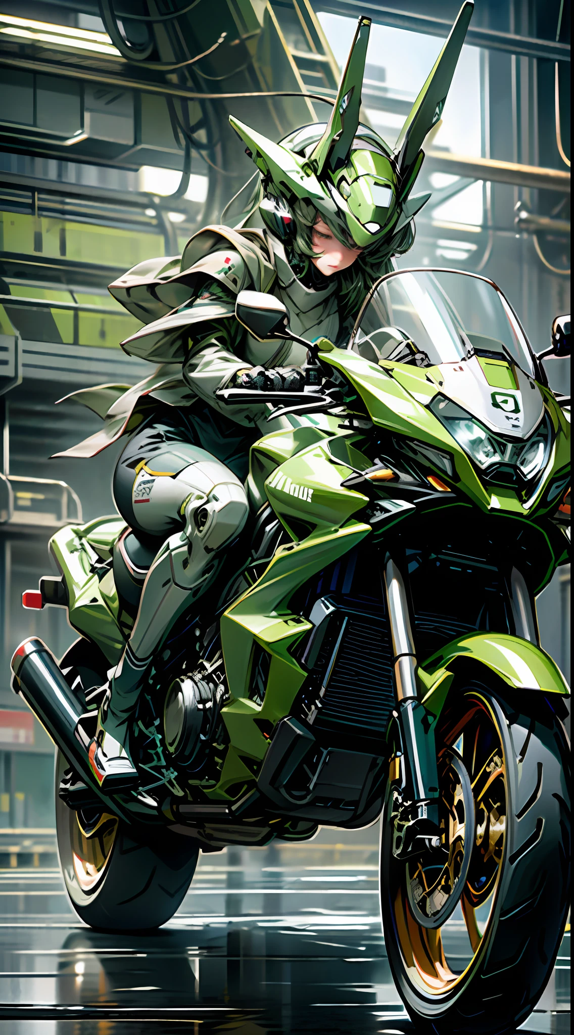 Highest image quality, outstanding details, ultra-high resolution, (realism: 1.4), the best illustration, favor details, highly condensed 1girl, with a delicate and beautiful face, dressed in a black and green mecha, wearing a mecha helmet, holding a directional controller, riding on a motorcycle, the background is a high-tech lighting scene of the future city.