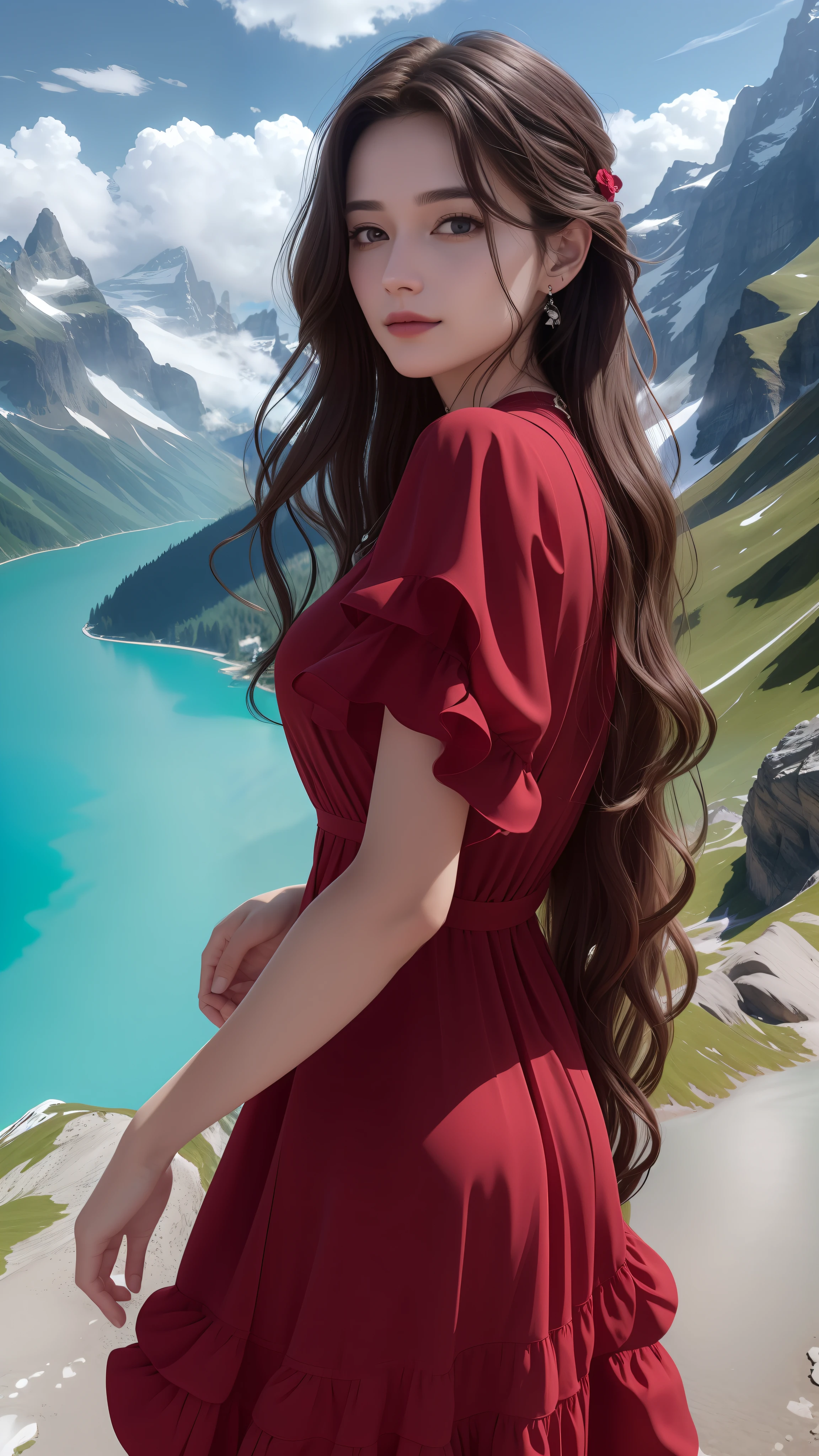 masterpiece,ultra realistic,32k,extremely detailed CG unity 8k wallpaper, best quality,
The Swiss Alps, Switzerland, ( Dark red A-line dress ) ,((spring day )), Beachy waves with a side part ,eardrop,lady ,necklace,
