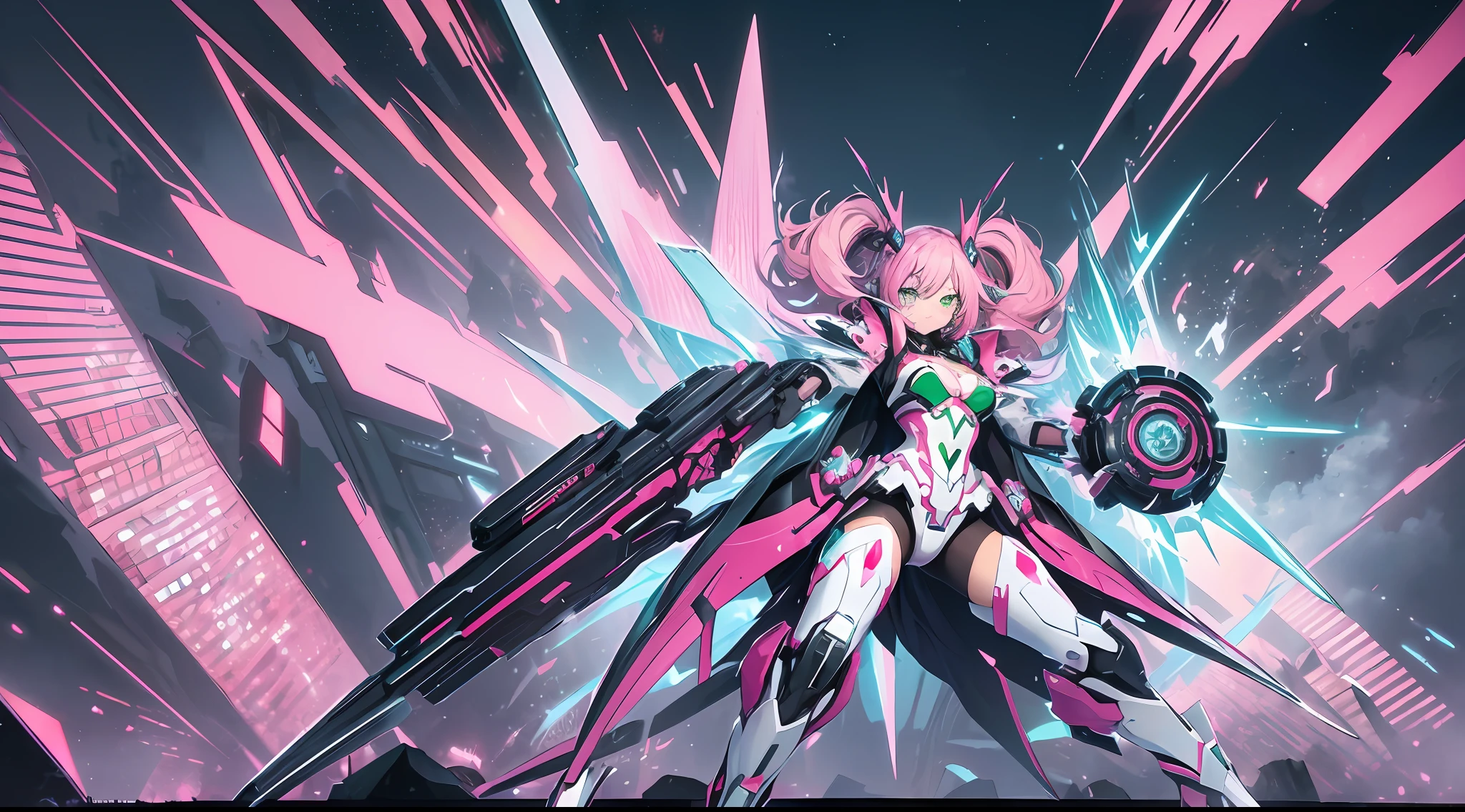 (((masterpiece)))fullbody,fullbodyshot (1 girl)(((pink hair, long hair,straight hair,two side up))), (((green eyes))),eyeshadow, eyeliner,glow eyes, hyper detailed eyes, intricate eyes, beautiful eyes, detailed eyes,((star-shaped pupils,glowing pink pupils))18-year-old girl.((wearing a Transparent jacket made of PVC material)).huge cool Gatling in hands, huge cool weapon machine, mecha, mechanism, machine, open stance,