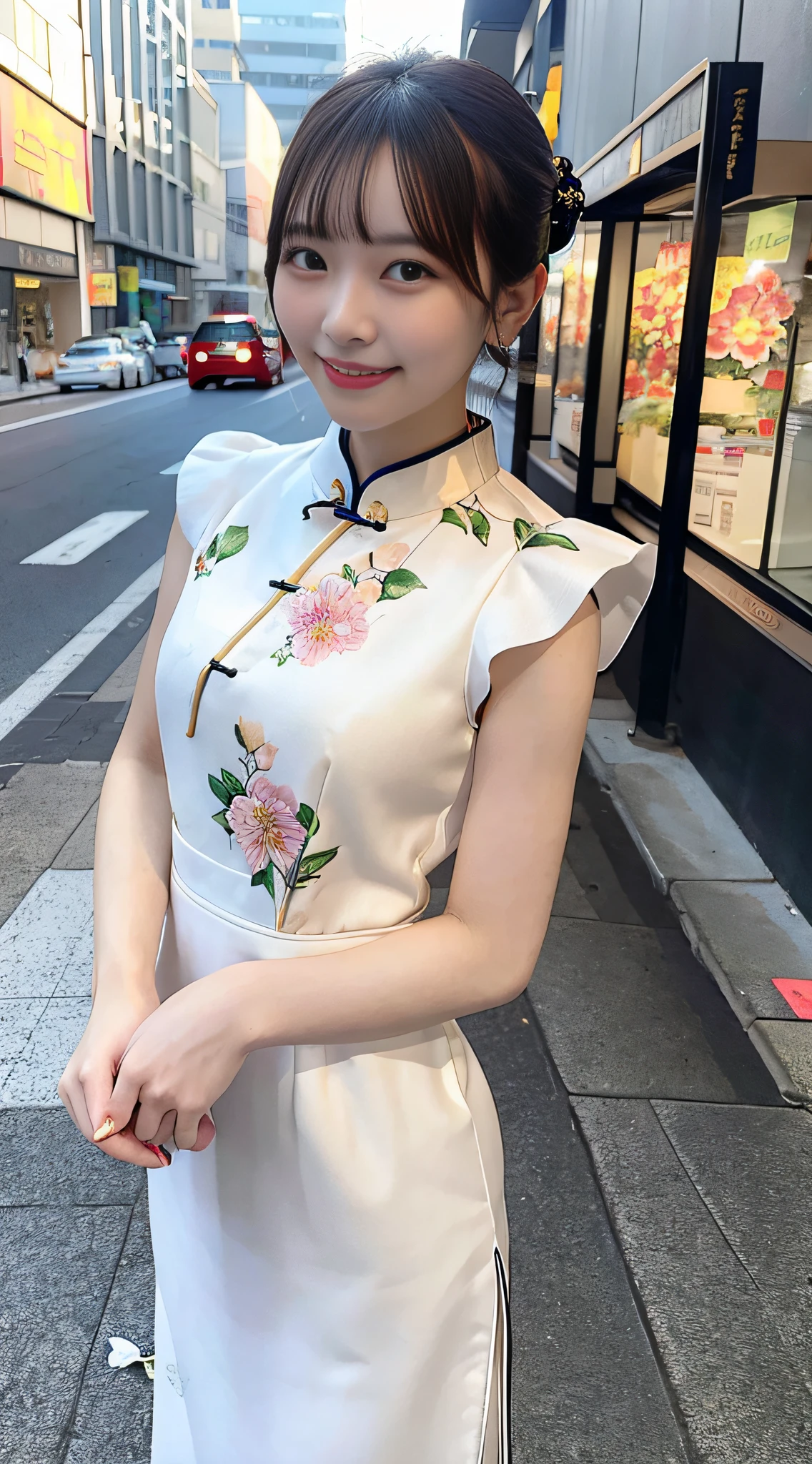 On the street, a woman wearing a pale flower slim cheongsam, all over, is smiling towards the camera