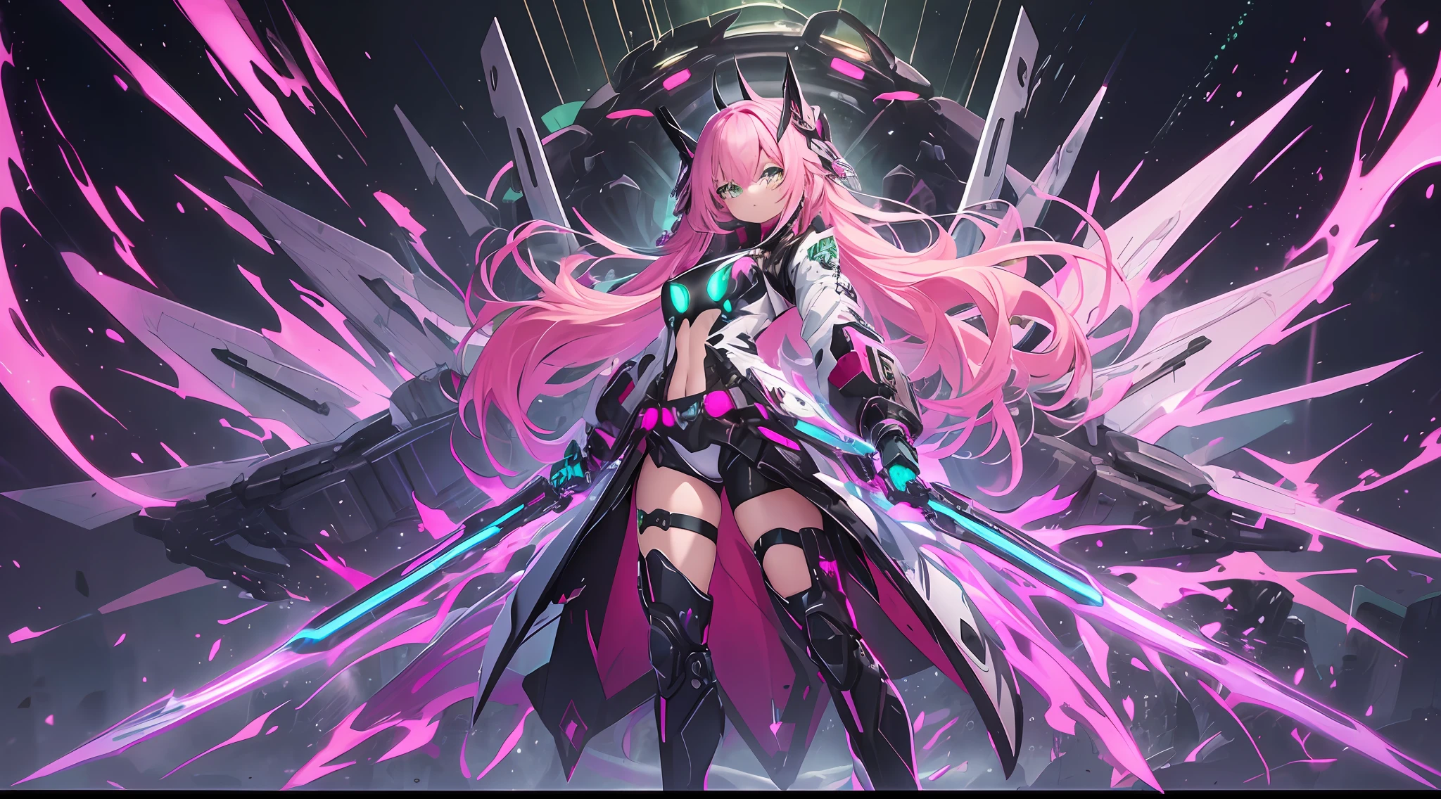 (((masterpiece)))fullbody,fullbodyshot (1 girl)(((pink hair, long hair,straight hair,two side up))), (((green eyes))),eyeshadow, eyeliner,glow eyes, hyper detailed eyes, intricate eyes, beautiful eyes, detailed eyes,((star-shaped pupils,glowing pink pupils))18-year-old girl.((wearing a Transparent jacket made of PVC material)).huge cool Gatling in hands, huge cool weapon machine, mecha, mechanism, machine, open stance,