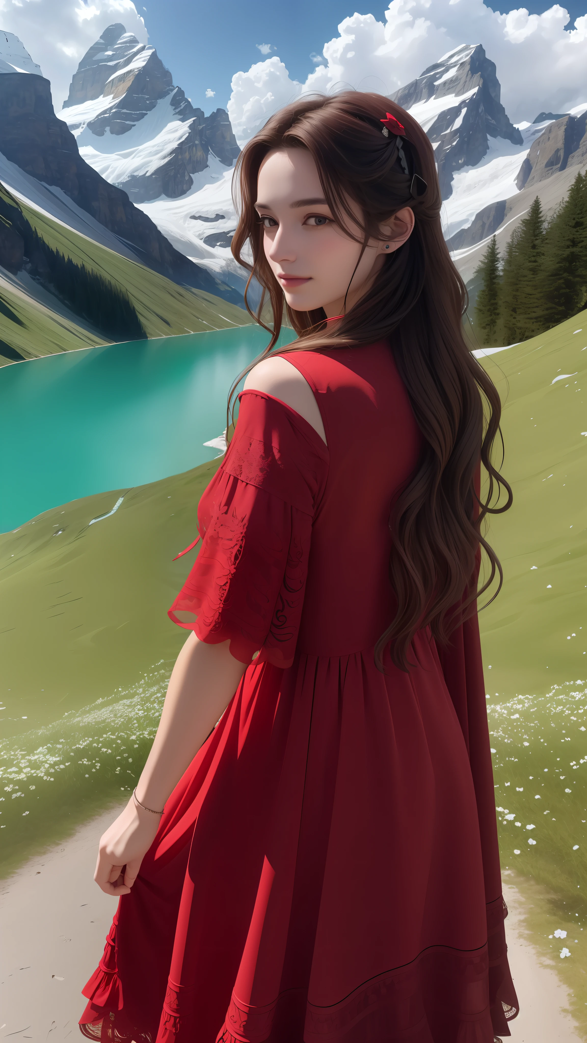 masterpiece,ultra realistic,32k,extremely detailed CG unity 8k wallpaper, best quality,
The Swiss Alps, Switzerland, ( Dark red A-line dress ) ,((spring day )), Beachy waves with a side part ,eardrop,lady ,necklace,