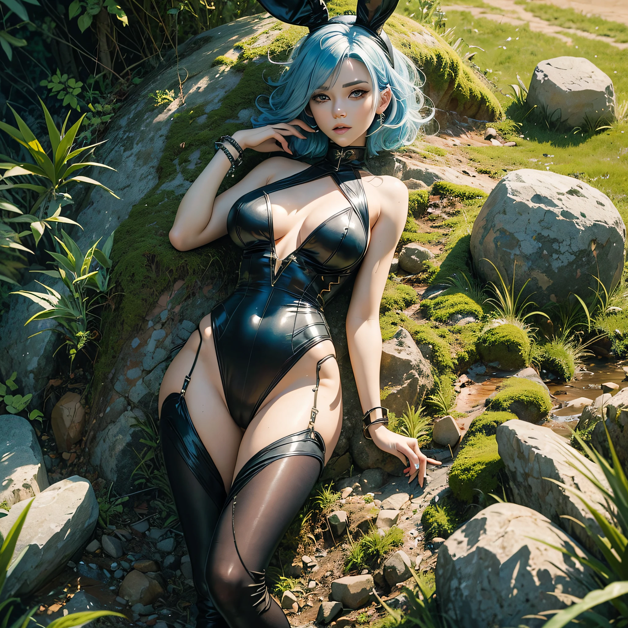 (Best quality, high resolution, masterpiece: 1.3), a tall and tall perfect woman with a slender figure, (short sky blue hair, bunny girl in black clothes), dressed sexy and exposed, in the grass, details of face and skin texture are beautifully presented, detailed eyes, double eyelids, sexy pose, realistic, leaky half breastball, full body shot --auto --s2
