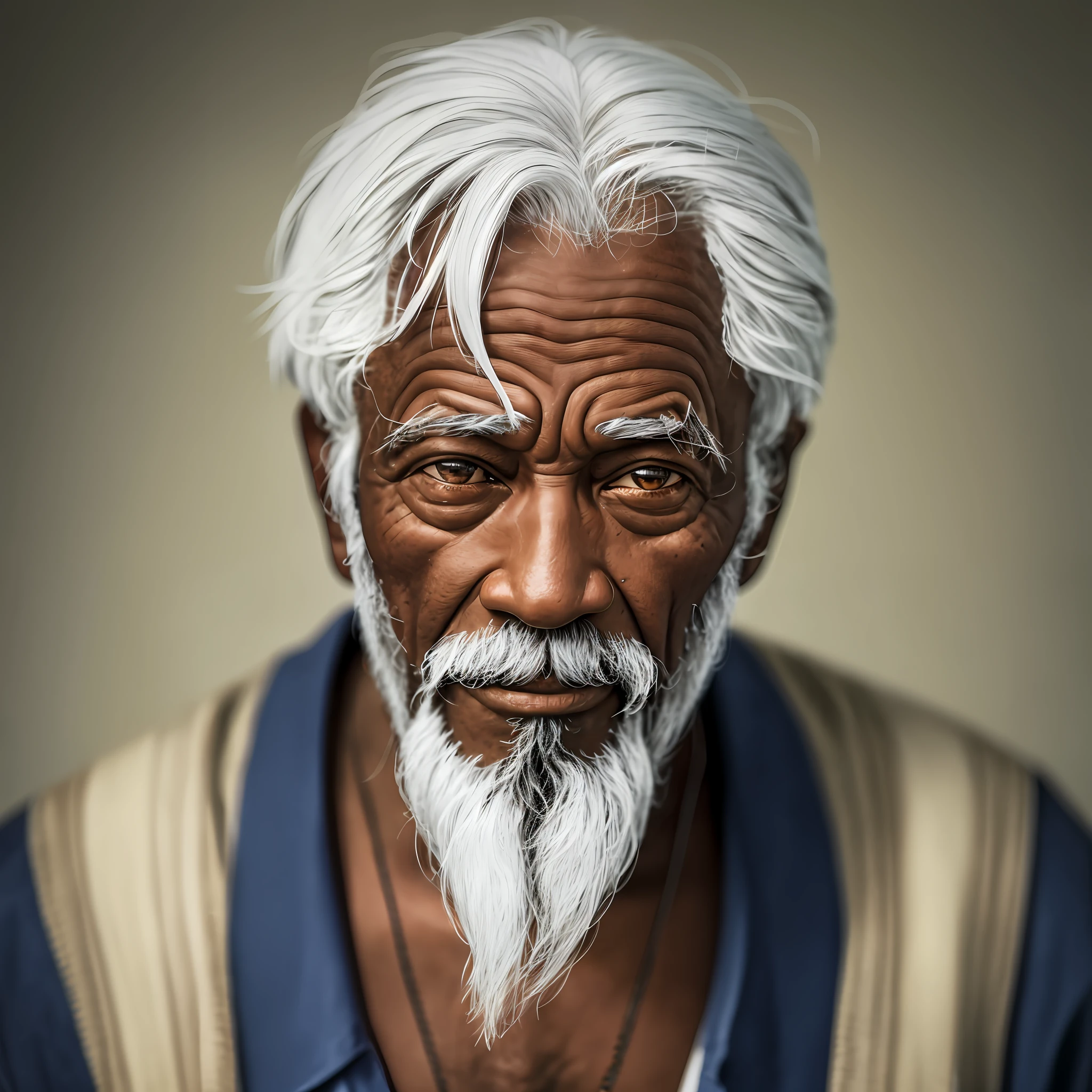 An old man with white hair, black skin, brown eyes and old man's clothes. Captured with the Nikon d850. Soft light on a blurred background. --auto --s2