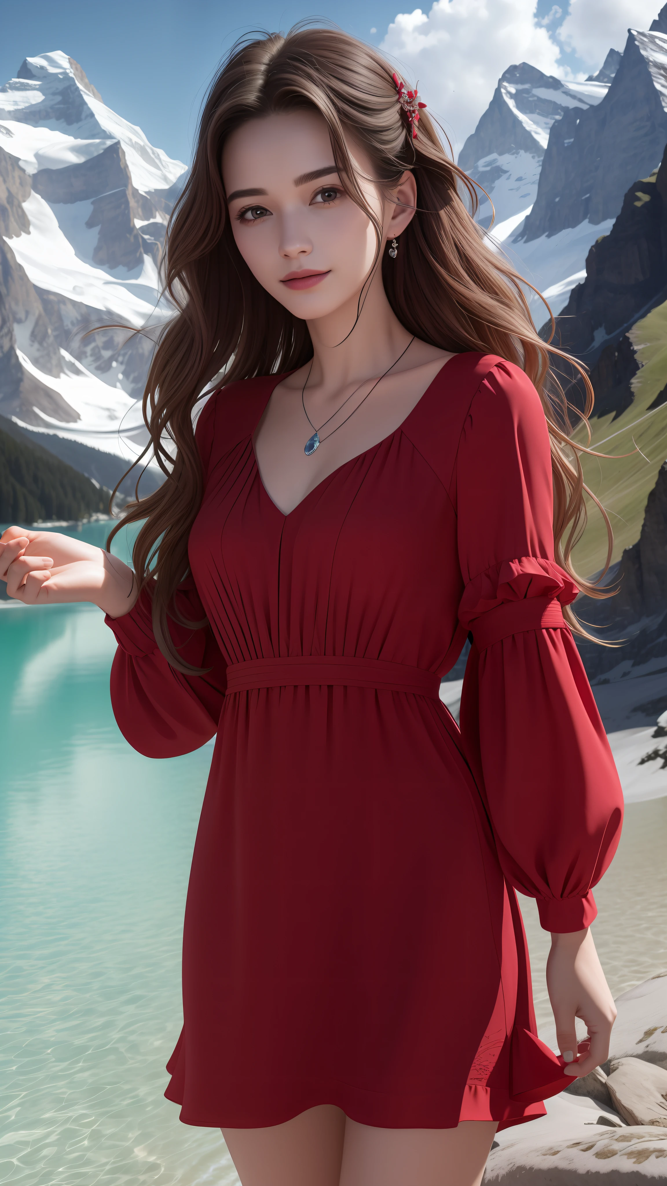 masterpiece,ultra realistic,32k,extremely detailed CG unity 8k wallpaper, best quality,
The Swiss Alps, Switzerland, ( Dark red A-line dress ) ,((spring day )), Beachy waves with a side part ,eardrop,lady ,necklace,