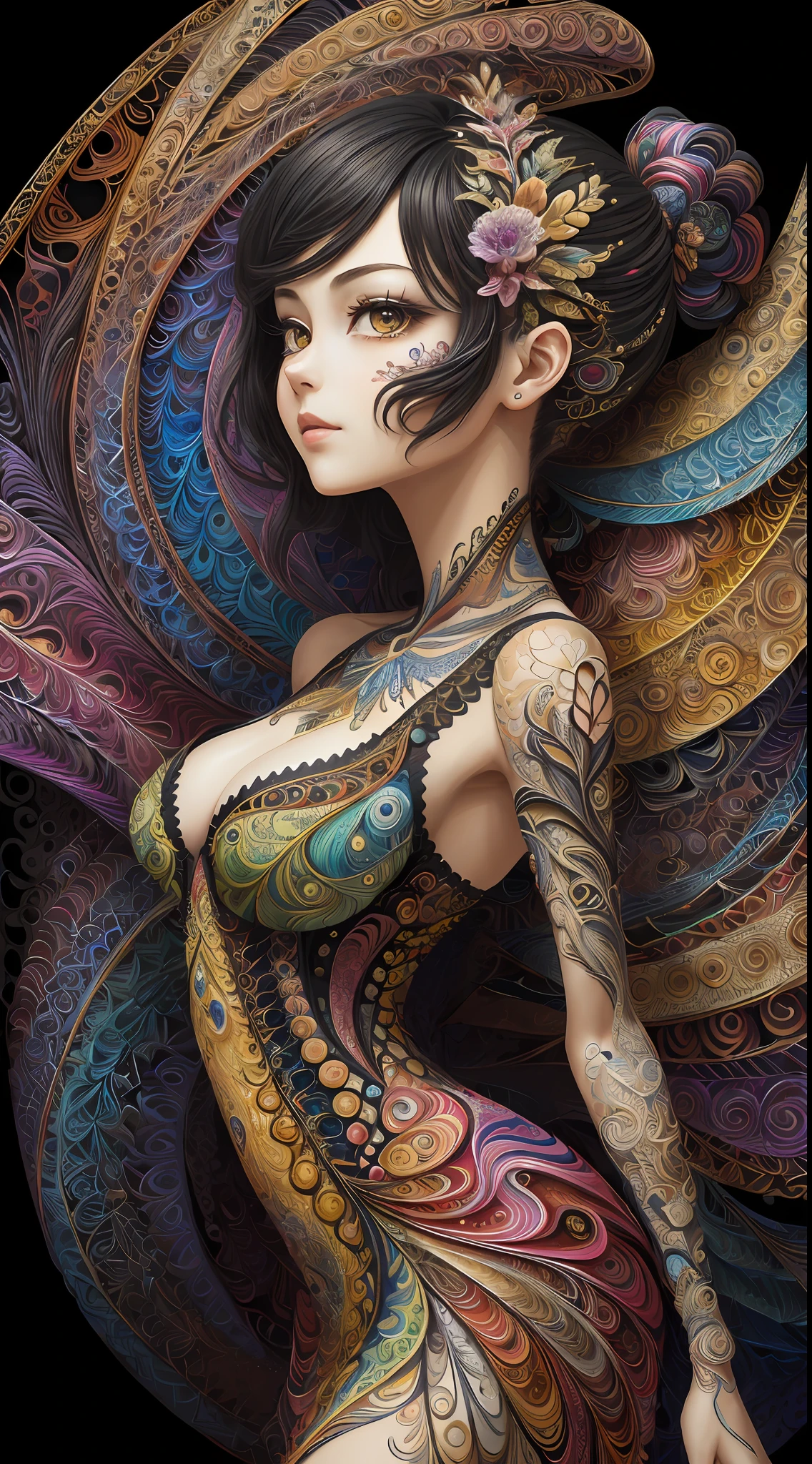(masterpiece, top quality, best quality, official art, beautiful and aesthetic:1.2), (1girl:1.3), extremely detailed,(fractal art:1.2),colorful,highest detailed,(zentangle:1.2), (dynamic pose), (abstract background:1.5), (treditional dress:1.2), (shiny skin), (many colors:1.4), upper body, masterpiece, best quality,high quality,highres, 16K,RAW,ultra highres,ultra details,finely detail,an extremely delicate and beautiful,extremely detailed,real shadow, anime,highly detailed painted,award winning glamour paintting,wonderful paintting,art style,stylized,