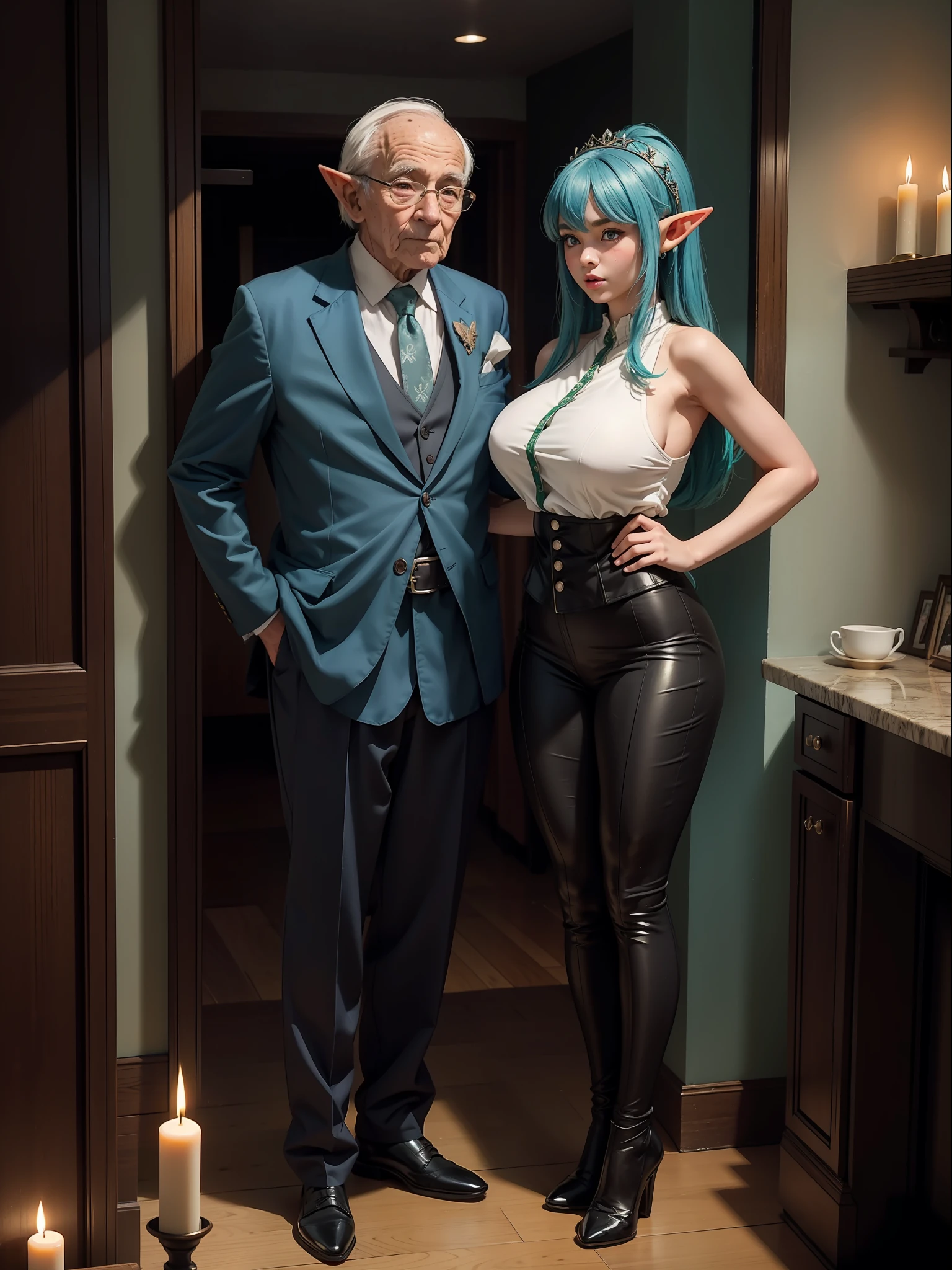 (full body image+standing:1.5), (One/Elf/Kawaii and one/a 90-year-old man:1.5), She has breasts extremely (large:2) is wearing black maid's clothes without skirt with maid's headdress on her head+extremely short and tight clothes on her body, He is wearing a black suit with pants and long pants, They are in a motel room lit only by candles because it is dark and without light, He is strong and muscular and has slender hair, She has very short mohawk hair in blue color, She has green eyes, He is grabbing her from behind, Eye-Level Shot, anime, Hyperrealism, 16k, UHD, masterpiece, best quality, textured skin, high details