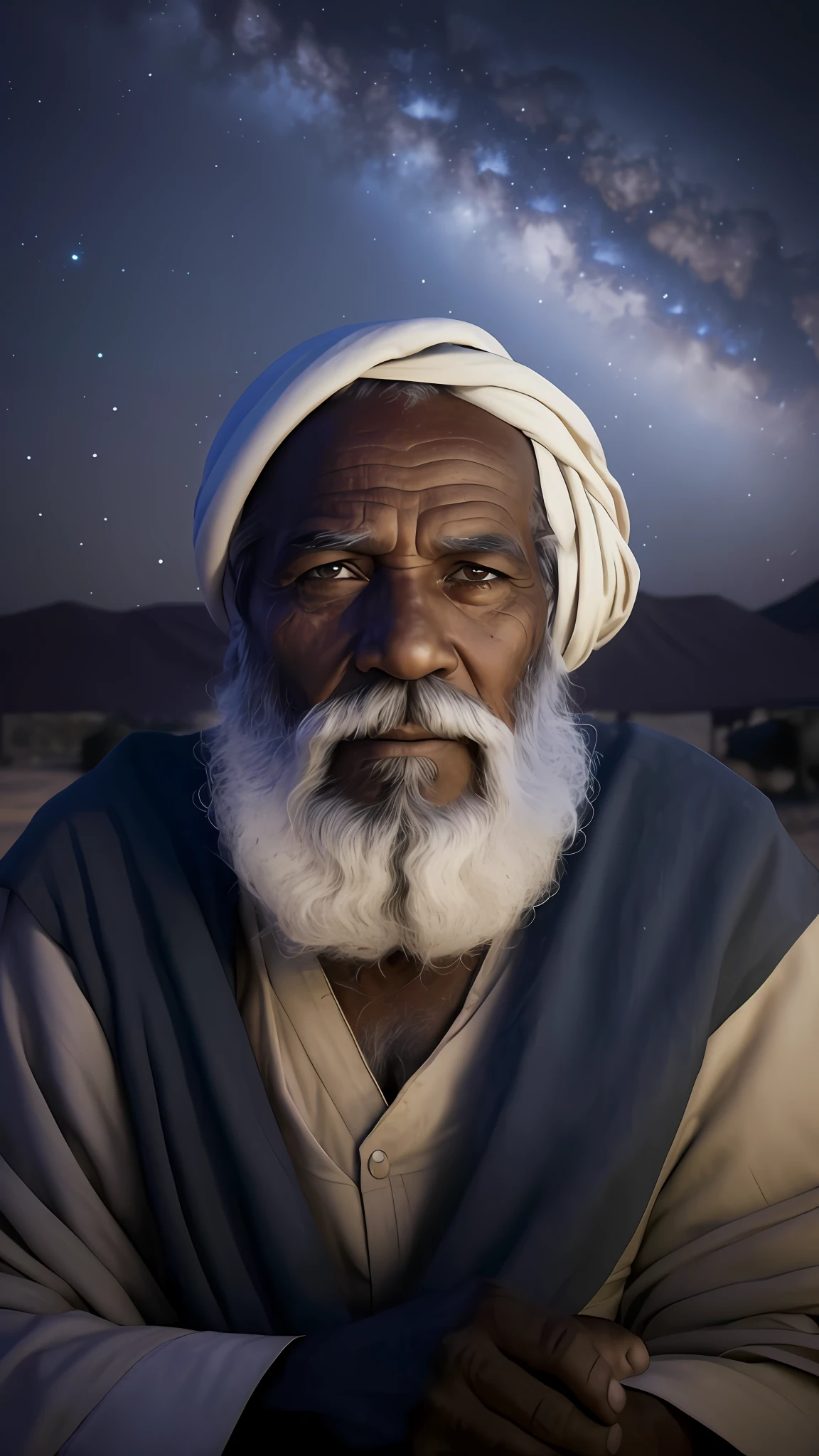 A closeup of a man with a white beard and a white turban, portrait of Bedouin D&D, wise old man, light bearded Arab man, vereshchagin, highly detailed VFX portrait of, striking image, African man, Timbuktu, Arab man, an old man, holy man looking at the ground, African facial features, red tunic, red robe, cross symbol on mantle --auto --s2