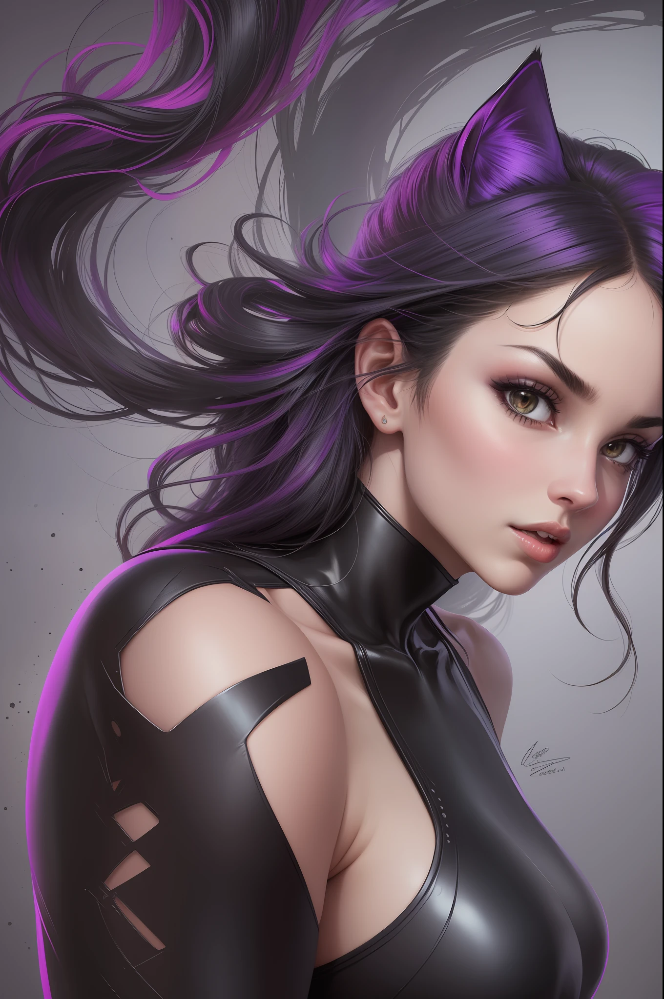 Create an ultra-realistic image of Catwoman in her signature pose. Portray her in precise detail in her black and purple costume, capturing her feline agility and grace. Be sure to highlight your bright eyes and black hair. Your posture should convey confidence and determination, while your expression reveals your cunning. Ensure that the image is highly realistic, with detailed textures and well-defined shadows.