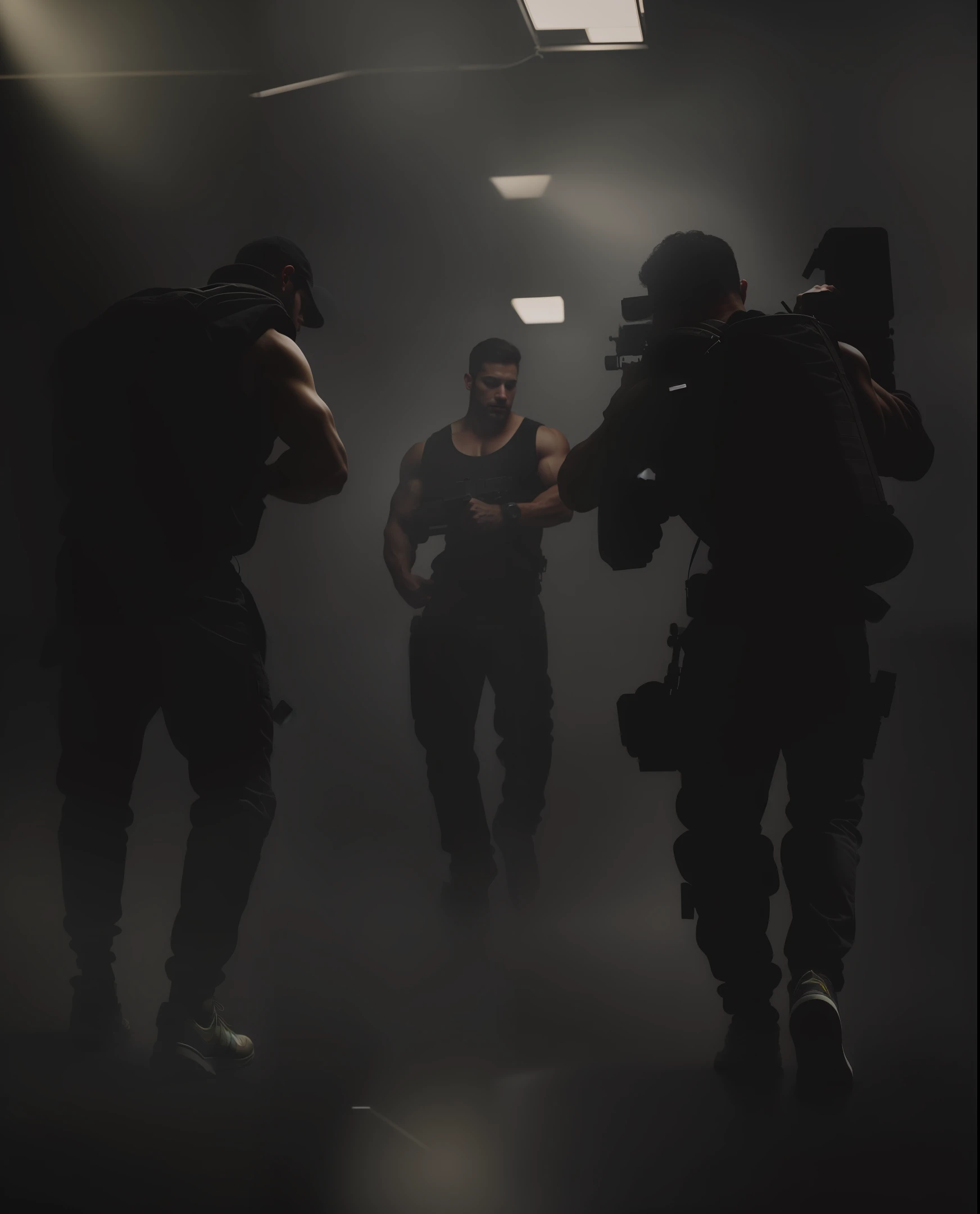 fitness man,strong man holding a gun,one man standing holding a gun and the other man on the ground, a shadowy city behind man, ultra realistic image, HD image, Full HD, Full definition, realism, ultra realistic quality, photography,professional photo, 8K, cinematic lighting, photographic, Eastman Kodak Color Negative film 5251 50T shot on panavision super ps . No arms,Light through the mist morning fog, highly detailed, photorealistic portrait, bright studio setting, studio lighting, crisp quality and light reflections, unreal engine 5 quality render, realistic face,naturals body figure on Instagram, full body shot, telephoto lens, 50mm --auto --s2