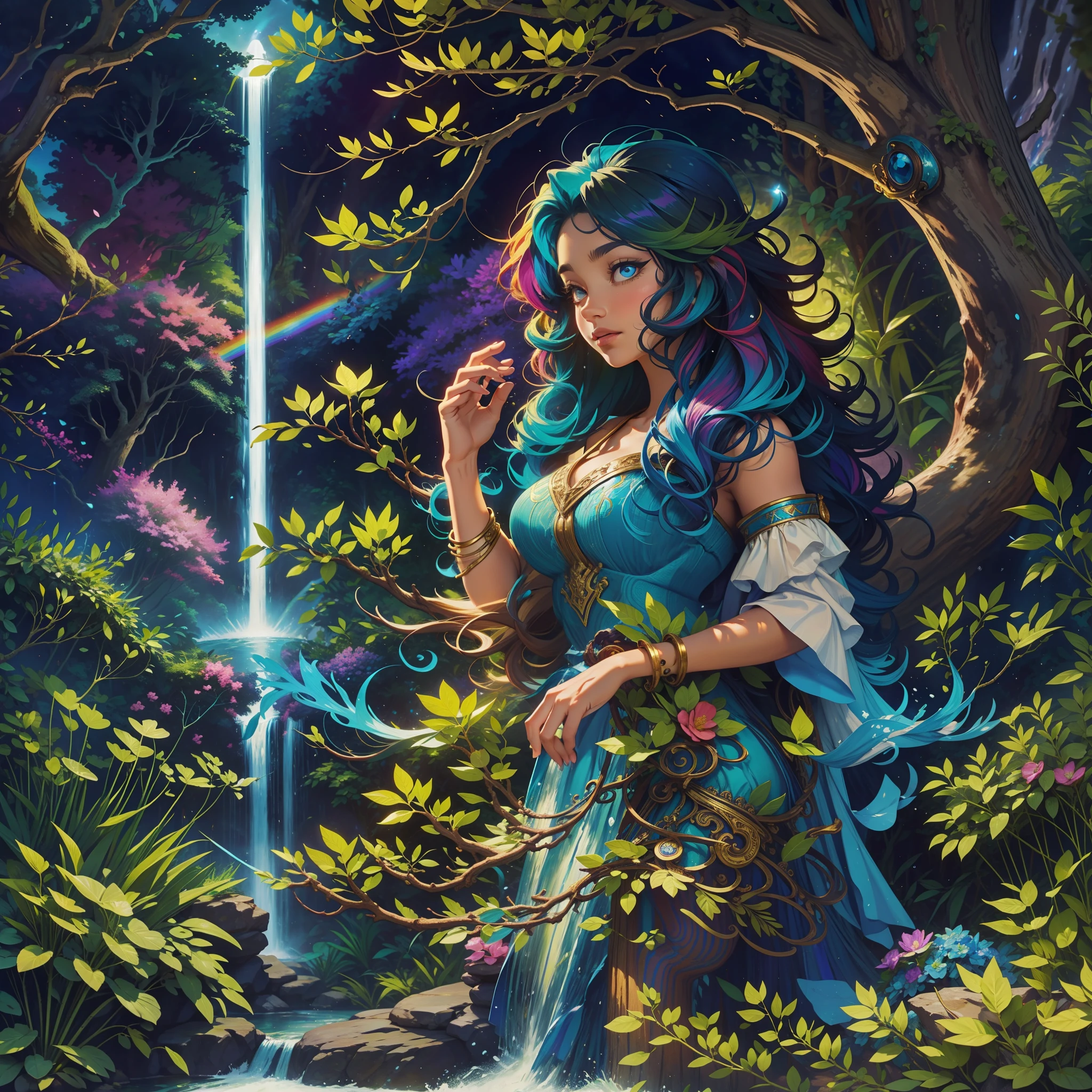 In this scene, a woman with voluminous curly hair is standing atop a majestic waterfall. The water falls in a graceful arc, creating a curtain of blue and gold, rainbow hues. The surrounding forest is vibrant, with verdant trees and lush foliage.