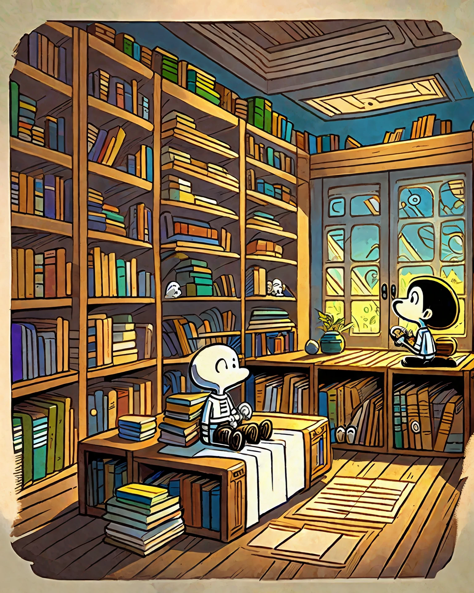 calvin and hobbes and snoopy surrounded by books in a magical room full of fantastic beings. cartoon style art. --auto --s2