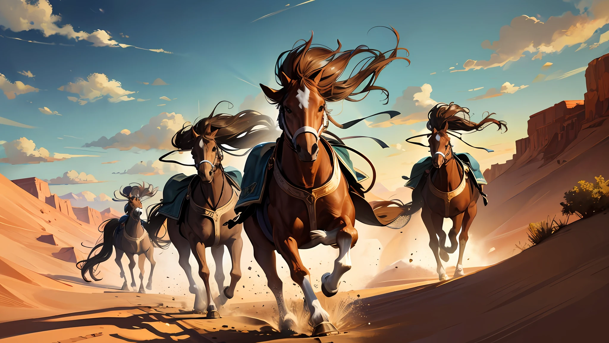 Highly detailed anthropomorphic horses running in the desert, cinematic lighting --auto --s2