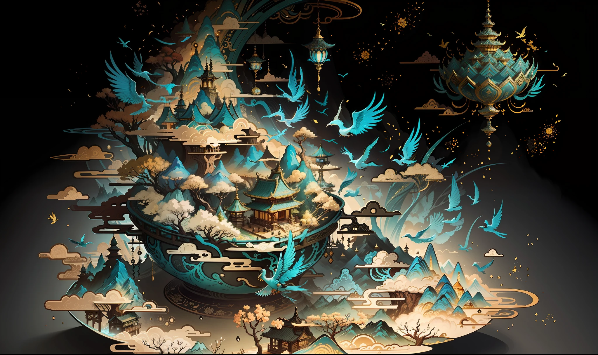 an image of an asian landscape with mountains and birds in the air, in the style of fantastical otherworldly visions, light cyan and gold, intricately mapped worlds, hyperrealistic illustrations, romanticized cityscapes, detailed character illustrations, organic shapes and curved lines, --v6