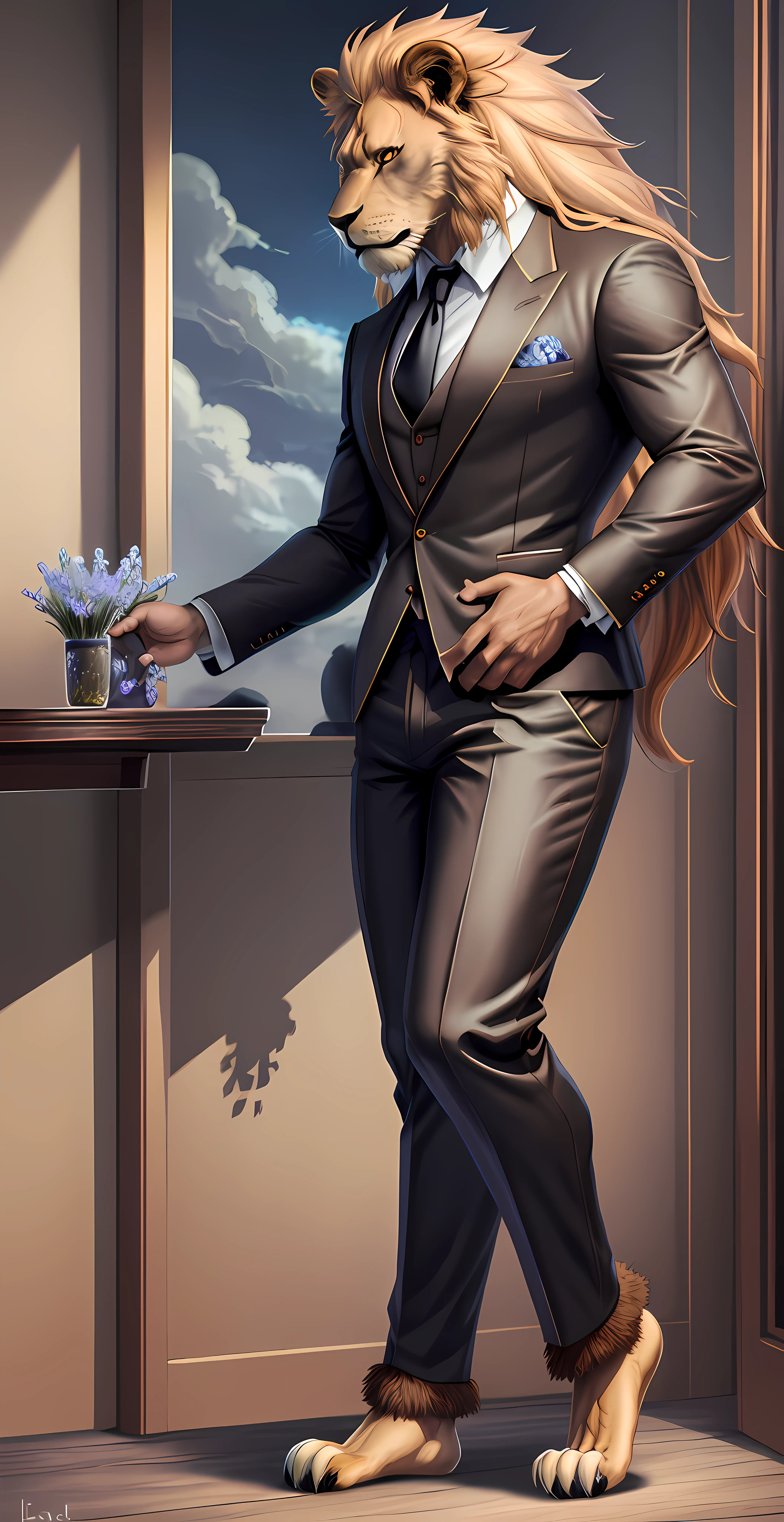 Furry art, brown lion, black mane, full body, male, hand paws, tail, strong, fancy clothes, pants, shirt, anime art style, barefoot, seductive look, romantic, gay, digital art style, hairy body, 8K, dynamic lighting, beautiful, field small blue-sky wildflowers, shrubs, NSFW.