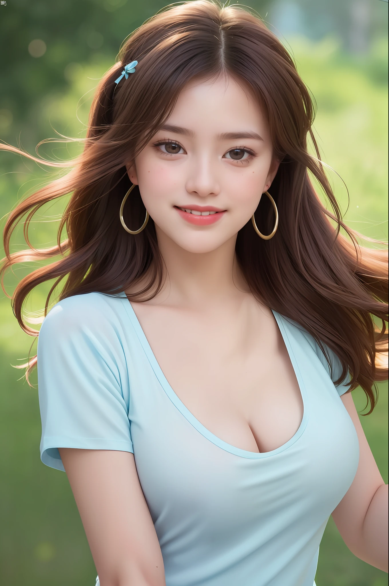 (8k, RAW photos,best quality, high resolution:1.1), (hyperrealistic:1.4),(realistic, photorealistic:1.3), soft light,big breasts,girl,realistic face,realistic body,realistic skin,absurdity,masterpiece,(cute:1.8), cuties, solo, (big breasts:1.2), detailed black eyes,innocent eyes,blusher,(t-shirt:1.2), cinema light,film grain,jewelry,earrings,((Medium hair:1.1)),((Floating Hair Novafrog Style)),cherry colored lips,hair ribbon,hair bow,ponytail,closeup,look viewer,long hair,upper body,open lips,upper teeth, (smiling eyes:0.6),((grinning:1.2)),depth of field, blurred background, eye focus, Bokeh,Young, 85mm Lens, f/1.4,Professional Lighting, Young,Portrait,Photon Mapping,Radiosity,Physically Based Rendering,No Bra