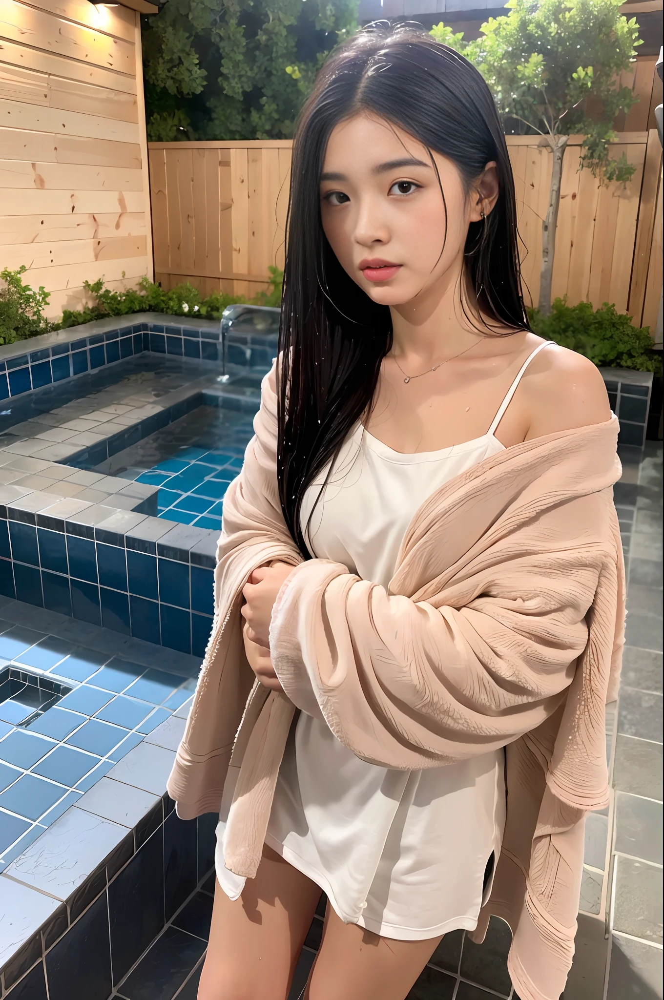 (8K, Best Quality, Masterpiece: 1.2), (Realistic, Photorealistic: 1.37), Ultra Detailed, Soft Light, One Girl, Cute, Solo, Beautiful Details Sky, Open Window, Blush, Pink Cheeks, (Shy Face: 1.15), (Shut Up), (Skinny: 1.7), (Flat Chest: 1.9), (Small Breast: 1.9), (Small Breast: 1.9), Beautiful delicate eyes, beautiful delicate nose, rain, (medium hair: 1.5), puffy novafrog style, visible, (black hair), squinted, thin eyebrows, mature face, ((towel slippery, wet skin, wet hair, wet face, disheveled hair)), arms outstretched, hands grabbing one side of the tub))), open-air bath, Japan hot spring, hot spring, night
