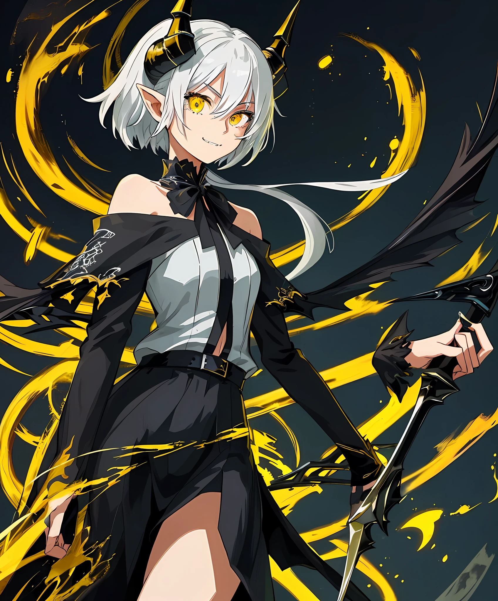 2D, masterpiece, best quality, anime, highly detailed face, highly detailed eyes, highly detailed background, perfect lighting, full body, 1girl, solo, black dragon girl, incredibly detailed face and neck scales, dragon horns, bare shoulders, sharp teeth, standing, barefoot, scales on the shoulder and forearm incredibly detailed, cute smile, incredibly detailed yellow dragon eyes, white hair, black locks, pointy ears, holding a black scythe, short hair, incredibly detailed hair, incredibly detailed black dragon syrup
