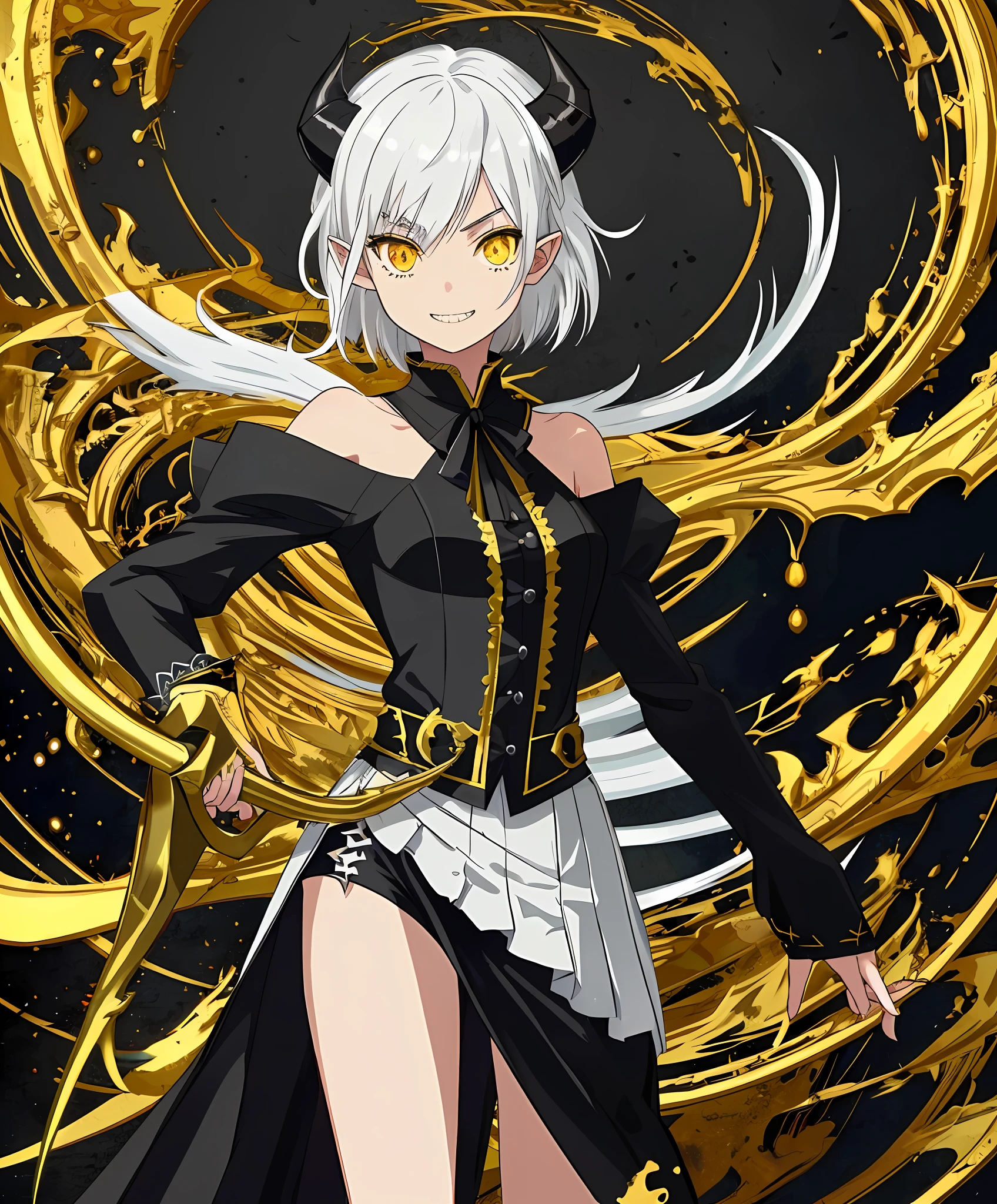 2D, masterpiece, best quality, anime, highly detailed face, highly detailed eyes, highly detailed background, perfect lighting, full body, 1girl, solo, black dragon girl, incredibly detailed face and neck scales, dragon horns, bare shoulders, sharp teeth, standing, barefoot, scales on the shoulder and forearm incredibly detailed, cute smile, incredibly detailed yellow dragon eyes, white hair, black locks, pointy ears, holding a black scythe, short hair, incredibly detailed hair, incredibly detailed black dragon syrup