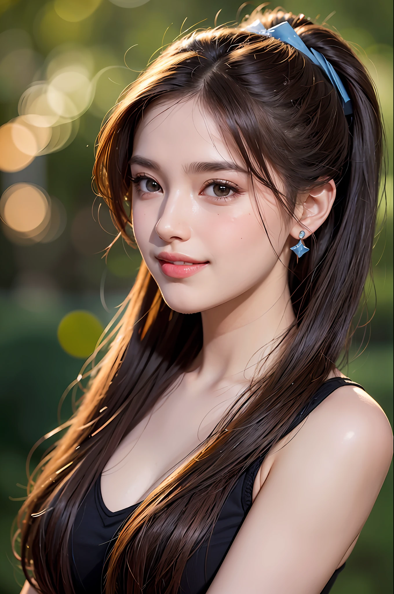 8k, RAW photos,Best Quality, High Resolution:1.1), (Hyperrealistic:1.4),(Realistic, Photorealistic:1.3), Soft Light,Big,Girl,Realistic Face,Realistic Body,Realistic Skin,Absurdity,Masterpiece,(Cute:1.8), Cutees, Solo, (Big:1.2), Detailed Black Eyes,Innocent Eyes,Blushing,(T-shirt:1.4, Blue),Cinema Light,Film Grain,Jewelry,Earrings,((Medium Hair:1.1)),((Floating Hair Novafrog Style)),Cherry Colored Lips,Hair Ribbon,Hair Bow,Ponytail,Close Up,Look Viewer,Long Hair,Upper Body,Open Lips,Top Teeth, (Smiling Eyes:0.6), ((grinning:1.2)),Depth of Field, Blurry Background, Eye Focus, Bokeh,Young, 85mm Lens, f/1.4,Professional Lighting, Young,Portrait,Photon Mapping,Radiosity,Physically Based Rendering