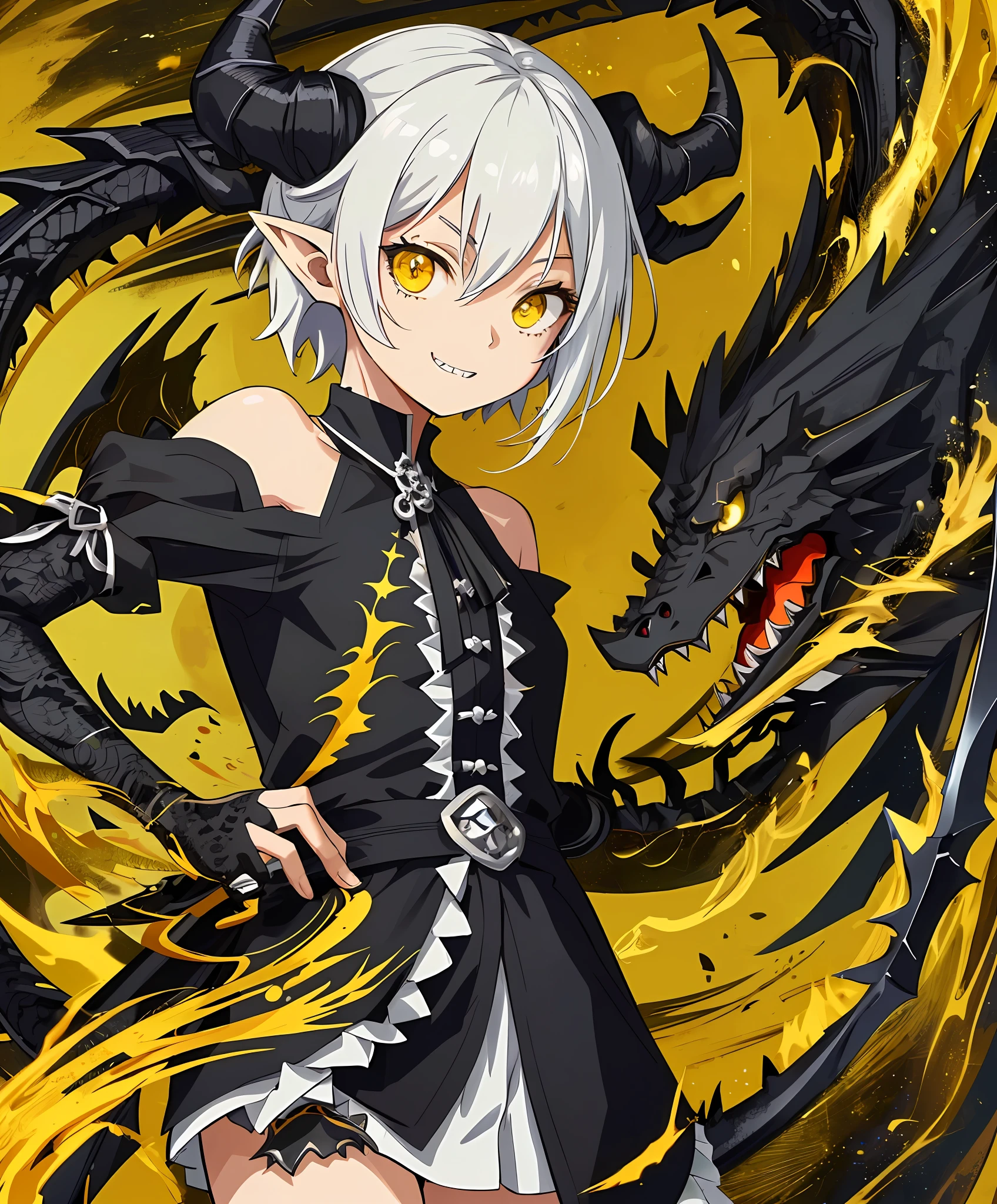 2D, masterpiece, best quality, anime, highly detailed face, highly detailed eyes, highly detailed background, perfect lighting, full body, 1girl, solo, black dragon girl, incredibly detailed face and neck scales, dragon horns, bare shoulders, sharp teeth, standing, barefoot, scales on the shoulder and forearm incredibly detailed, cute smile, incredibly detailed yellow dragon eyes, white hair, black locks, pointy ears, holding a black scythe, short hair, incredibly detailed hair, incredibly detailed black dragon syrup