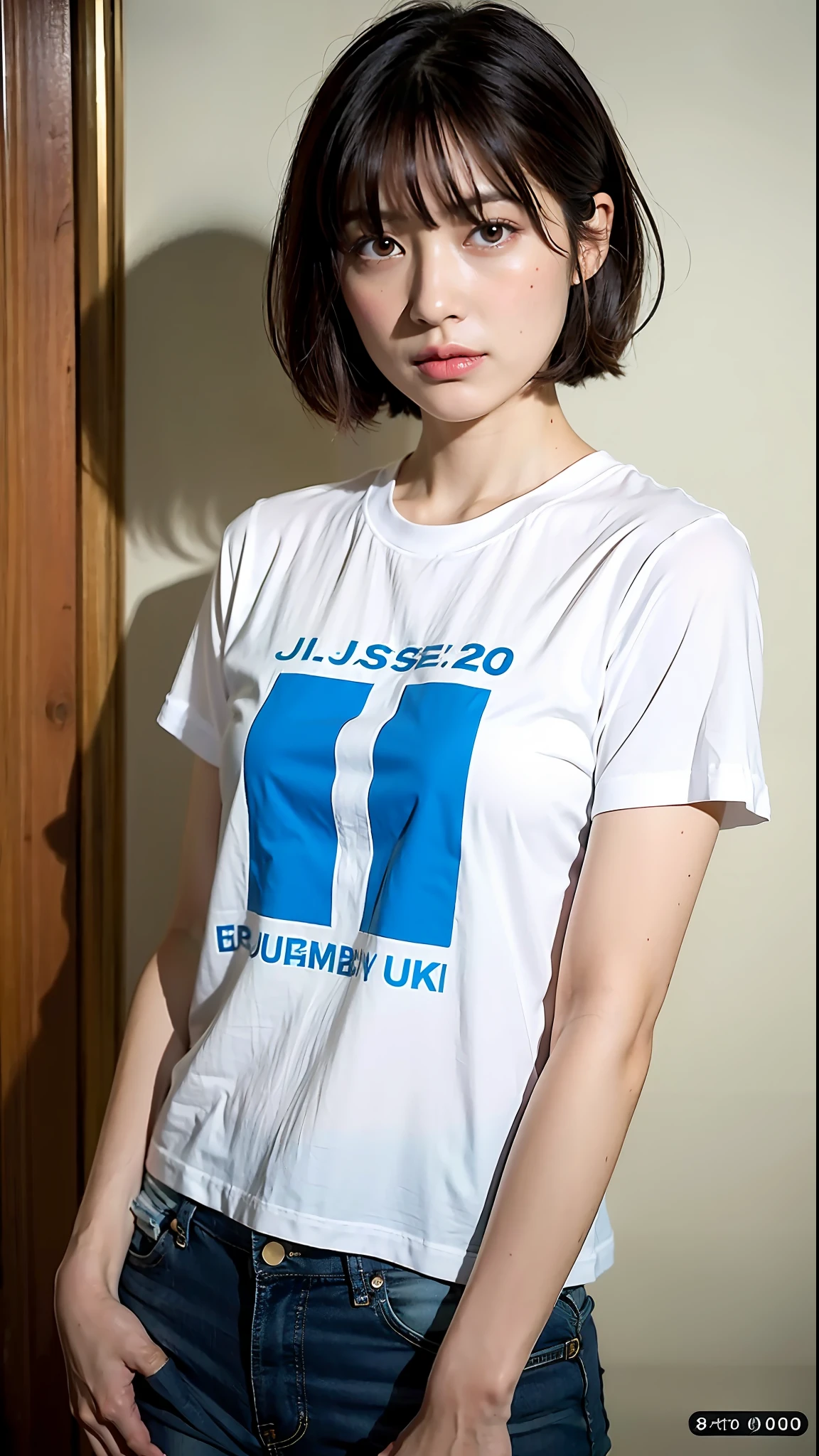 (Best Quality, 8k, 32k, Masterpiece, UHD: 1.2), Cute Japan Woman Pictures, Very Short Bob Hair, Upper Body, Face Focus, T-Shirt