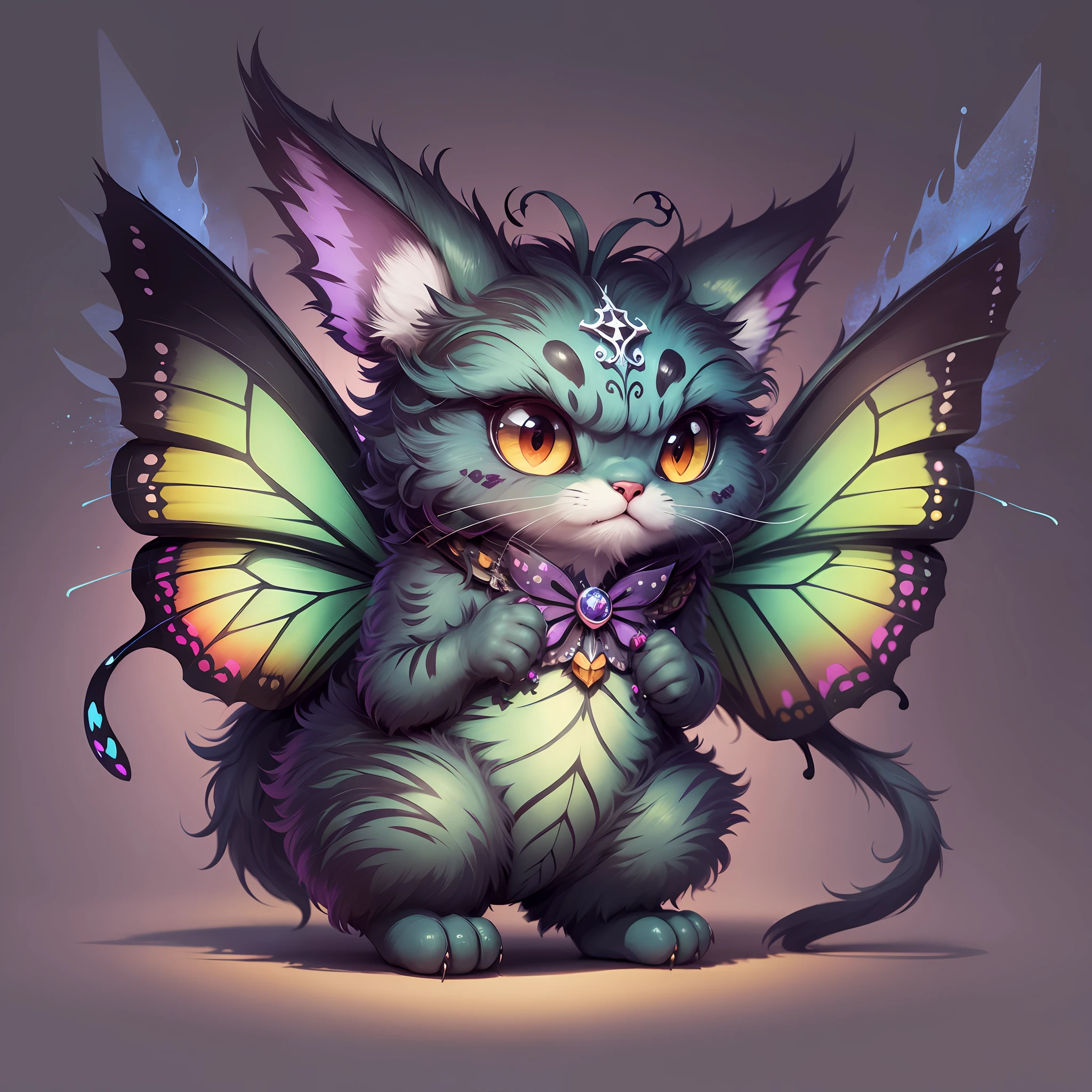 A fantz monster design, funny, super detailed, cute, butterfly, cat in the style of sylvamagic, --auto --s2