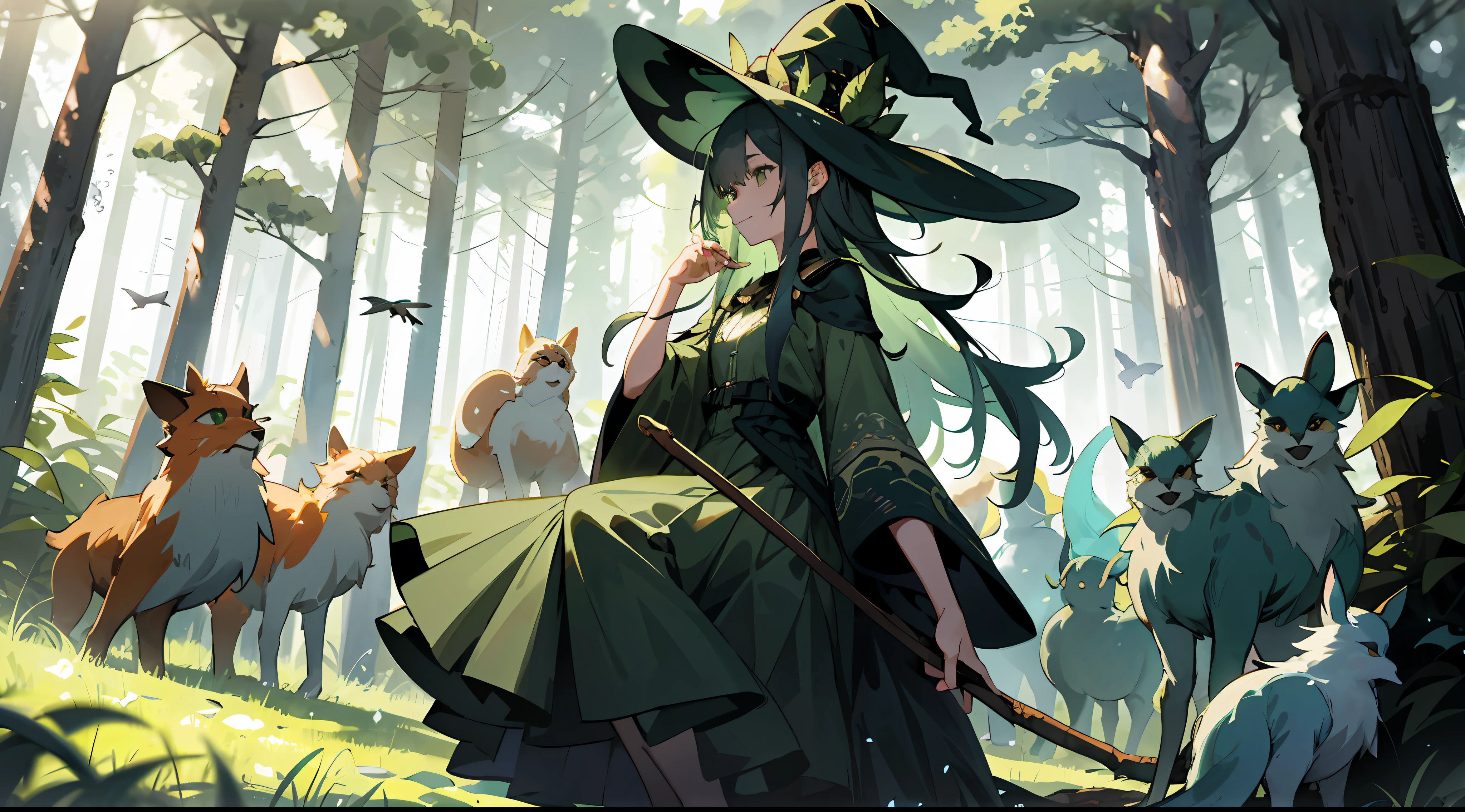 A nature witch, with long, messy hair, wearing a short, green dress, surrounded by animals, in a forest, surrounded by fairies and birds