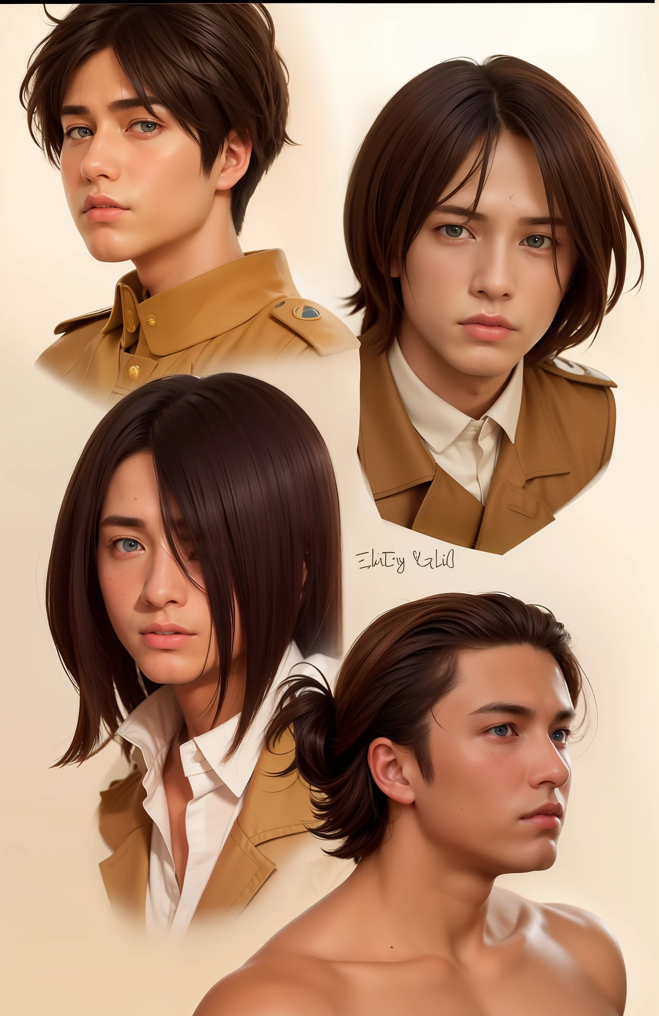 best quality, masterpiece, (realistic: 1.2), real life, live action, aot, Eren Jaeger, gigachad, Chad, white skin, fair skin, blue eyes, young to old timeline, brown hair, masculine, male