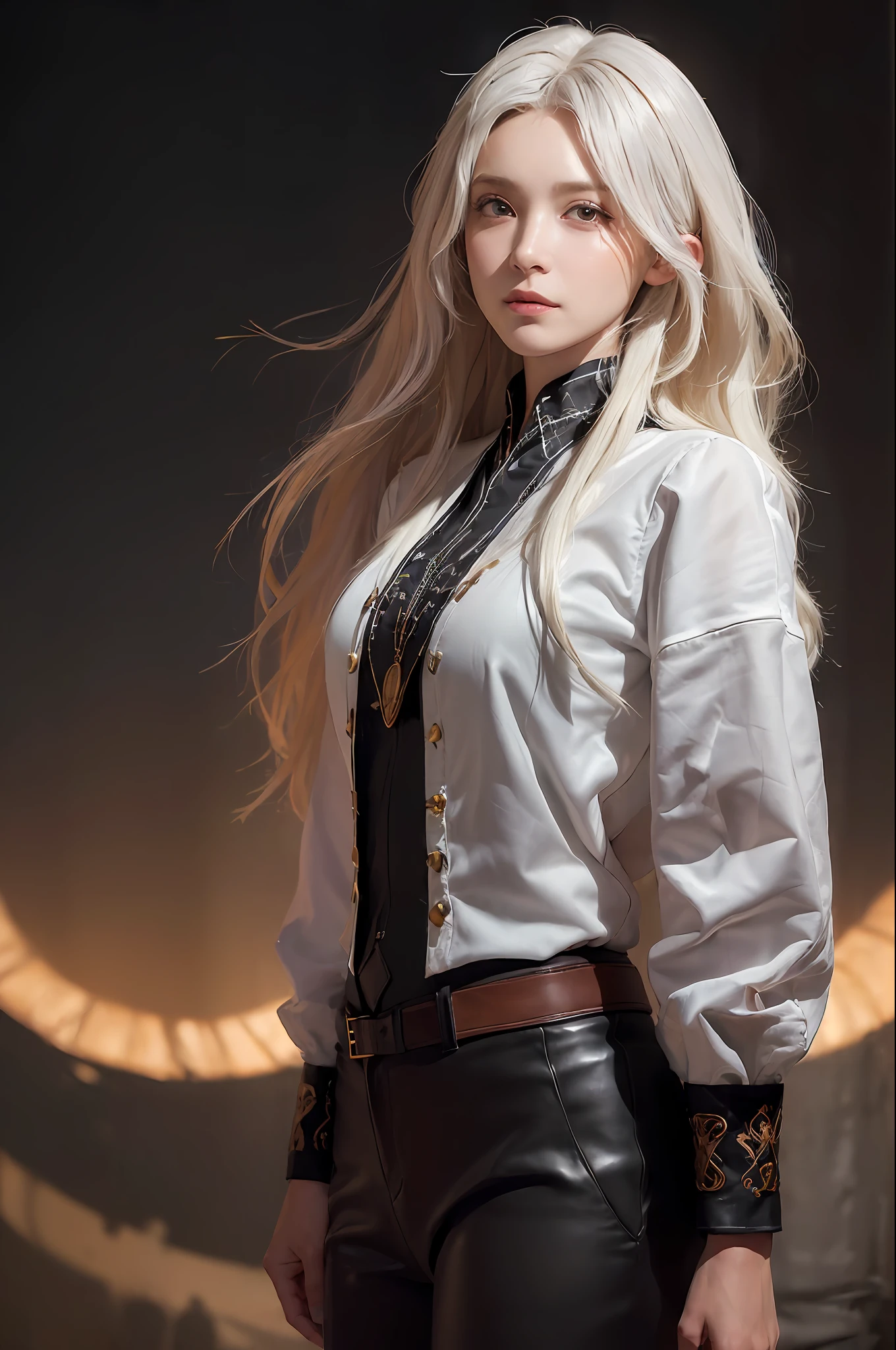 (in the dark:1.6), Hyperrealist portrait of female by david hockney and alphonse mucha,fantasy art, photo realistic, dynamic lighting, artstation, poster, volumetric lighting, very detailed faces, 4 k, award winning,, 1girl, in the dark, deep shadow, low key,cowboy shot,(official clothing:1.4) ,long hair,white hair,