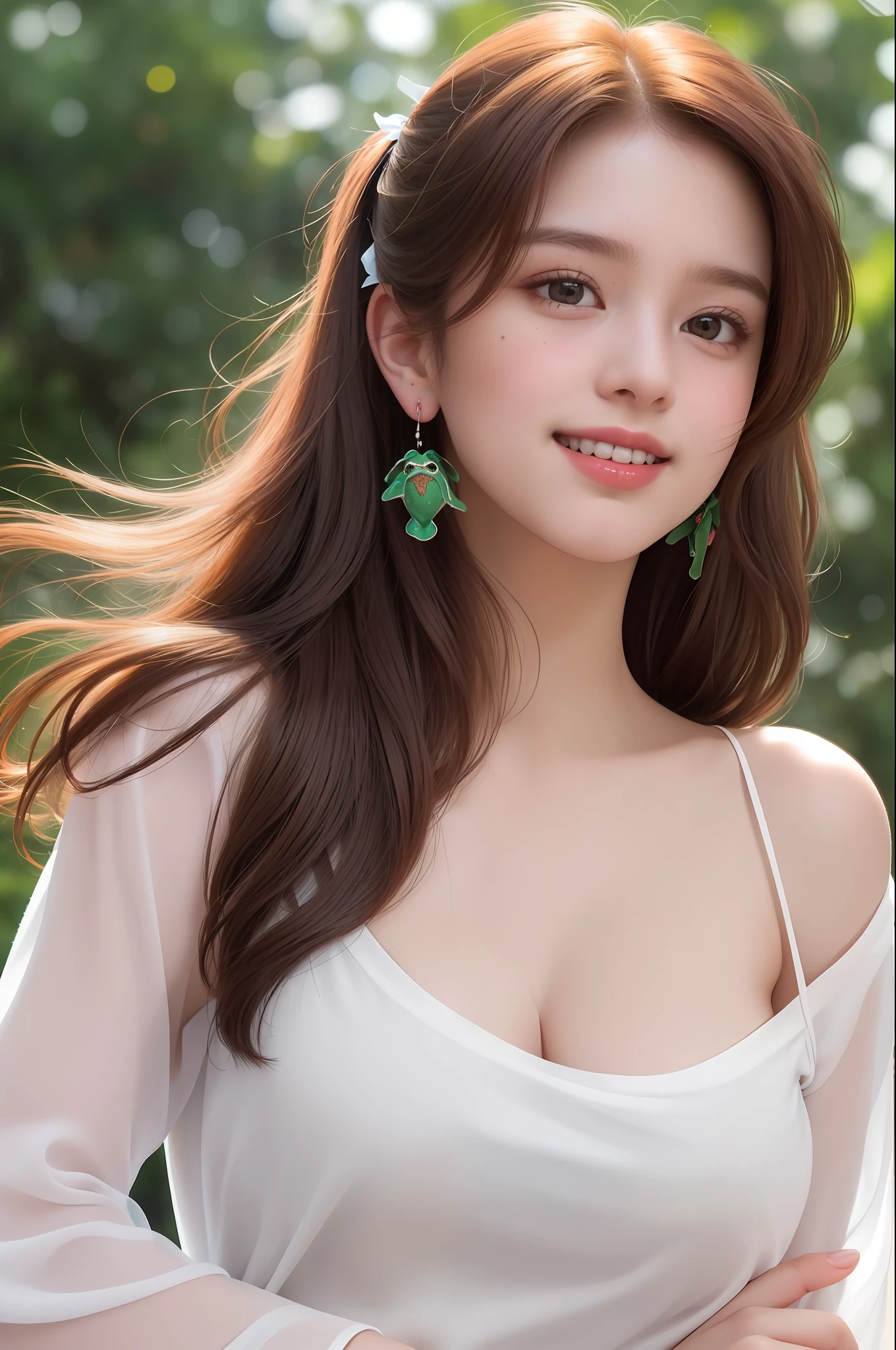 (8k, RAW photos,best quality, high resolution:1.1), (hyperrealistic:1.4),(realistic, photorealistic:1.3), soft light,big breasts,girl,realistic face,realistic body,realistic skin,absurdity,masterpiece,(cute:1.8), cuties, solo, (big breasts:1.2), detailed black eyes,innocent eyes,blusher,sheer fabric(t-shirt:1.2), cinema light,film grain,jewelry,earrings,((Medium hair:1.1)),((Floating Hair Novafrog Style)),cherry colored lips,hair ribbon,hair bow,ponytail,closeup,look viewer,long hair,upper body,open lips,upper teeth, (smiling eyes:0.6),((grinning:1.2)),depth of field, blurred background, eye focus, Bokeh,Young, 85mm Lens, f/1.4,Professional Lighting, Young,Portrait,Photon Mapping,Radiosity,Physically Based Rendering,No Bra