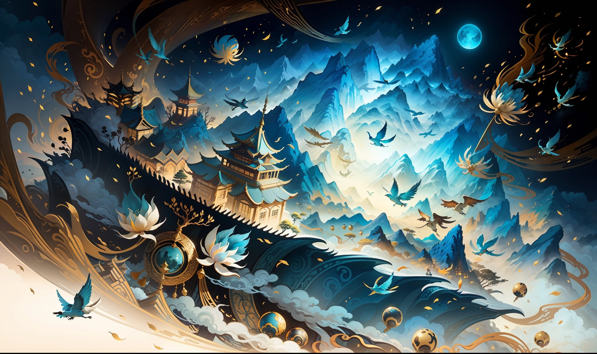 an image of an asian landscape with mountains and birds in the air, in the style of fantastical otherworldly visions, light cyan and gold, intricately mapped worlds, hyperrealistic illustrations, romanticized cityscapes, detailed character illustrations, organic shapes and curved lines, --v6