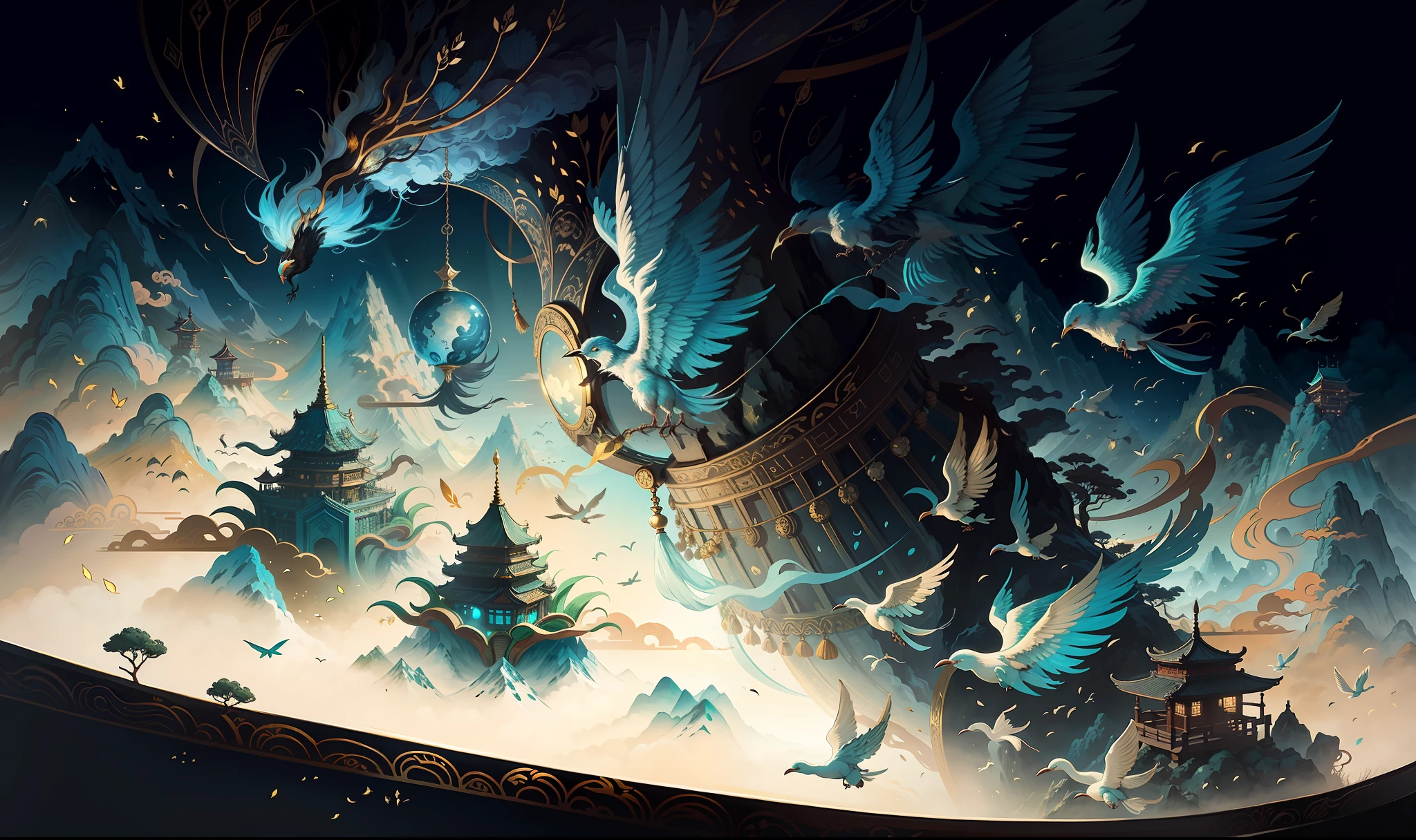an image of an asian landscape with mountains and birds in the air, in the style of fantastical otherworldly visions, light cyan and gold, intricately mapped worlds, hyperrealistic illustrations, romanticized cityscapes, detailed character illustrations, organic shapes and curved lines, --v6