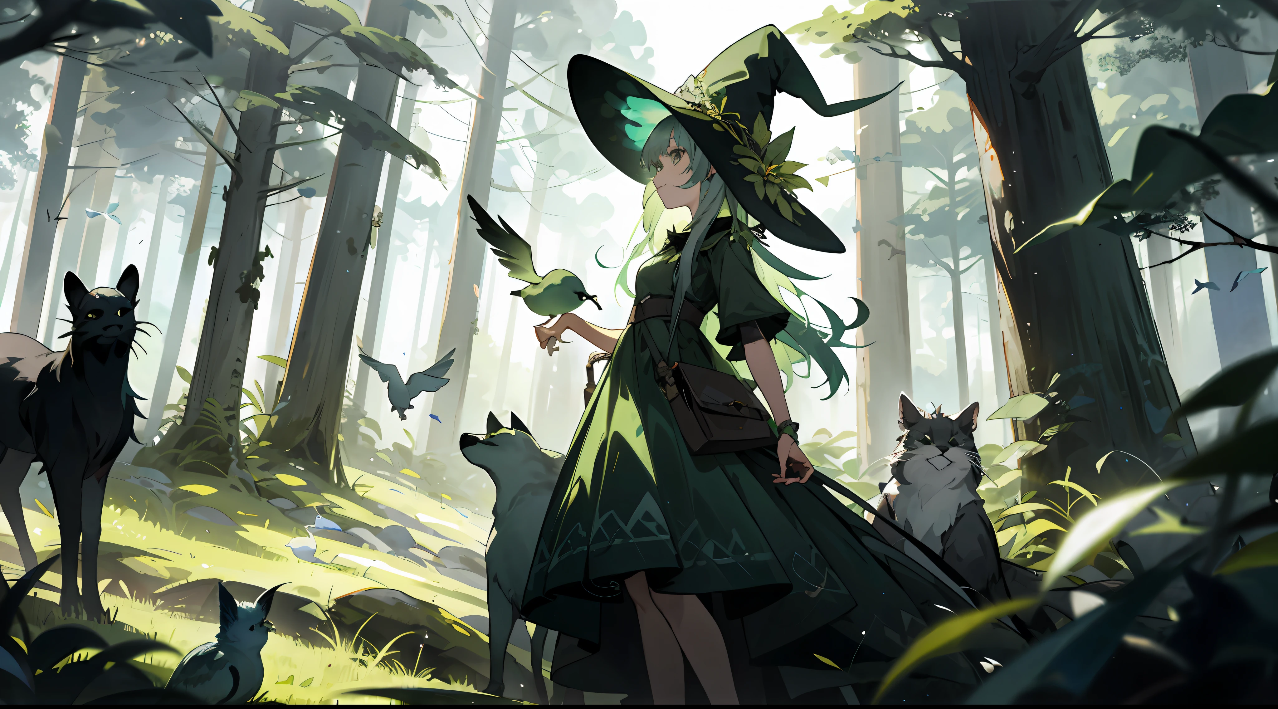 A nature witch, with long, messy hair, wearing a short, green dress, surrounded by animals, in a forest, surrounded by fairies and birds