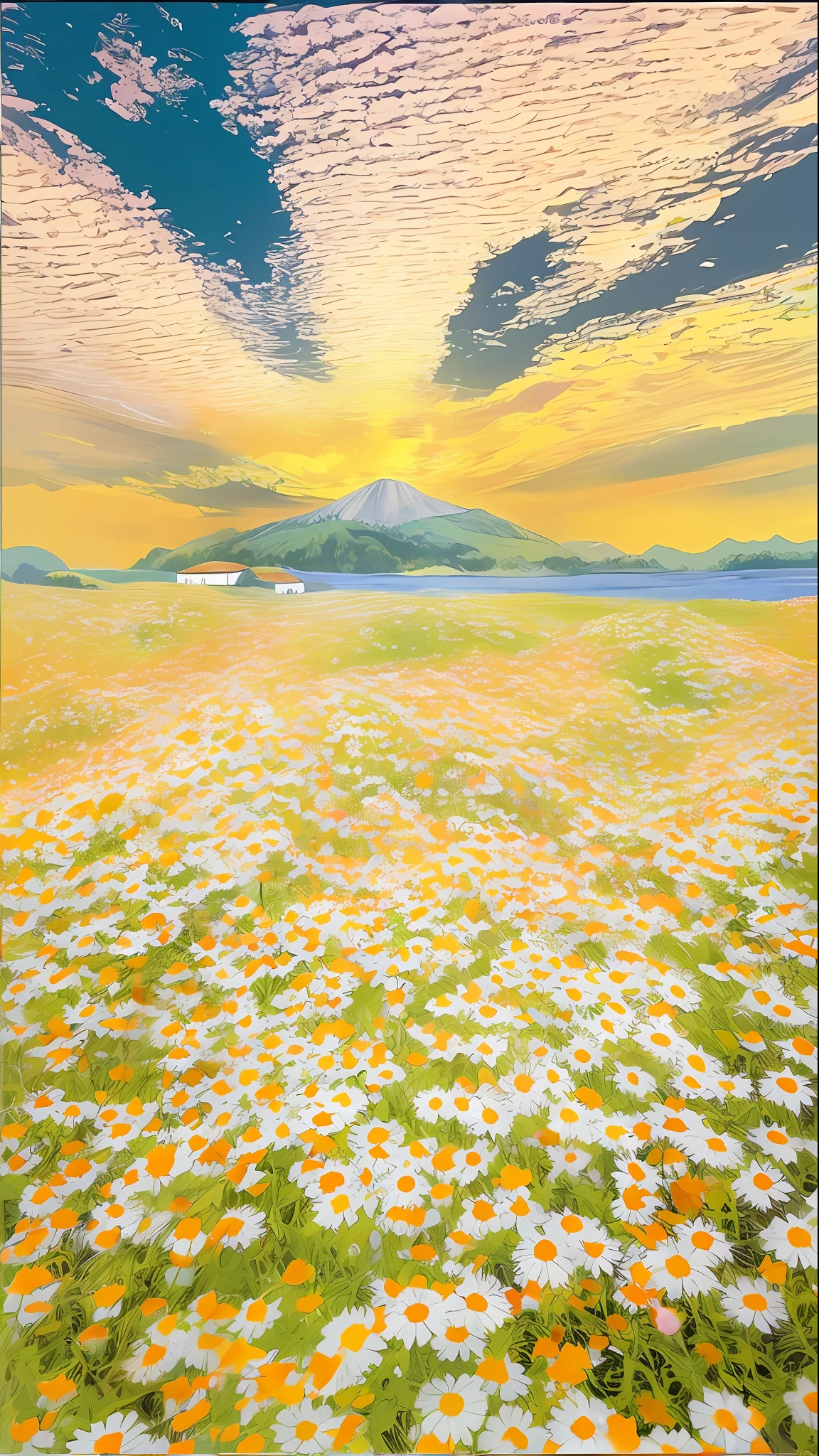 a large field of flowers with a mountain in the background, surreal waiizi flowers, an aesthetic field of flowers, by Kentaro Miura, flower field, by Kaigetsudō Ando, by Matsumura Goshun, mythical floral hills, field of fantasy flowers, floral sunset, digital landscape art, field of flowers, studio ghibli filter