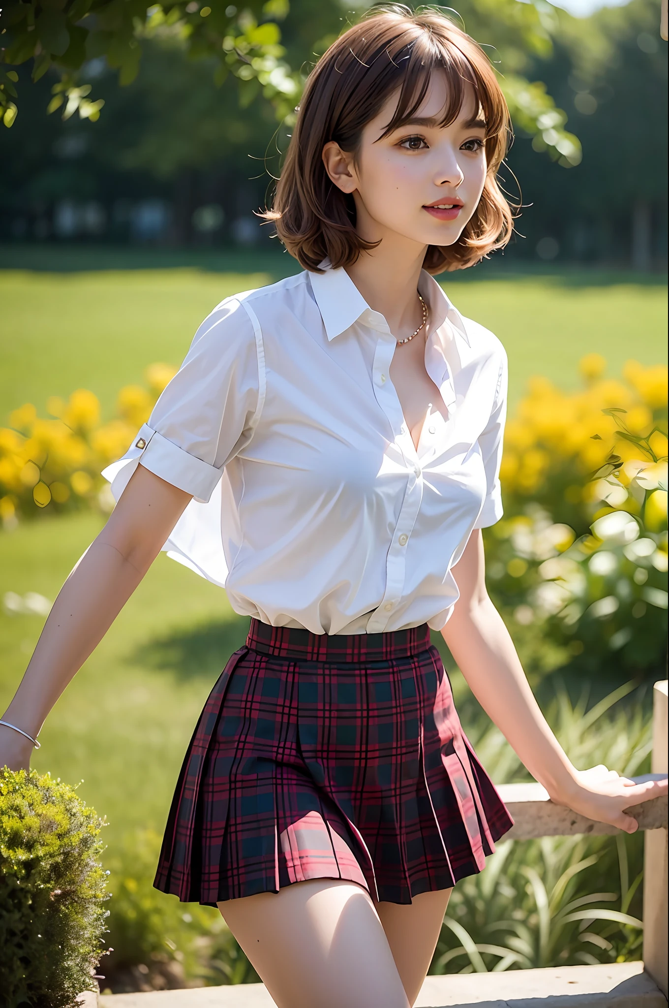 NSFW, 8K Raw Photo, Best Quality, Masterpiece, Ultra HD, Film Grain, filmg, 1girl, Watch Viewer, Natural Skin Texture, Realistic Eye and Face Details, Full Lips, Lipstick, (Makeup), Red Eyeshadow, Fluffy Short Hair, Messy Hair, Smile, Close Mouth, Beautiful Legs, Tall Women, Skinny, slim_legs, Solo, Small, Cleavage, Pose with buttocks in front, super short skirt, buttocks, shirt, beautiful natural places, around flower positions, (detailed background), plaid skirt, white shirt, small breasts, cleavage, show a little cleavage through shirt, loafers, blurry background, blurry, holding, plaid, short sleeves, jk ribbon around the neck, jk ribbon, brown hair, bracelet, water, bangs, uniform, jewelry, parted lips, lips, from the side, pleated skirt, depth of field
