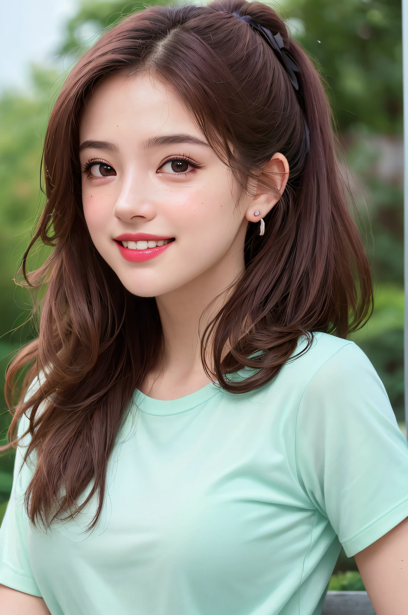 (8k, RAW photos,best quality, high resolution:1.1), (hyperrealistic:1.4),(realistic, photorealistic:1.3), soft light,big breasts,girl,realistic face,realistic body,realistic skin,absurdity,masterpiece,(cute:1.8), cuties, solo, (big breasts:1.2), detailed black eyes,innocent eyes,blusher,(t-shirt:1.2), cinema light,film grain,jewelry,earrings,((Medium hair:1.1)),((Floating Hair Novafrog Style)),cherry colored lips,hair ribbon,hair bow,ponytail,closeup,look viewer,long hair,upper body,open lips,upper teeth, (smiling eyes:0.6),((grinning:1.2)),depth of field, blurred background, eye focus, Bokeh,Young, 85mm Lens, f/1.4,Professional Lighting, Young,Portrait,Photon Mapping,Radiosity,Physically Based Rendering,No Bra