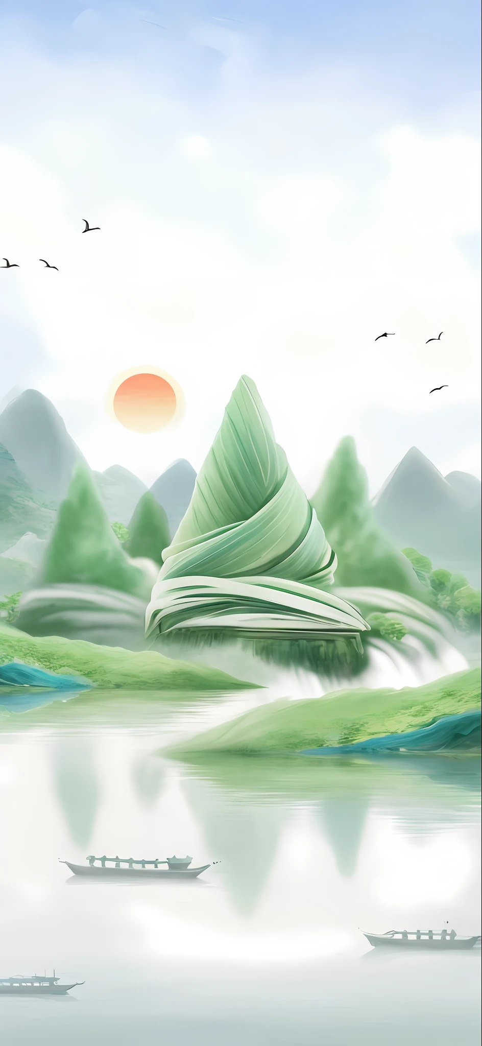 painting of a boat floating on a river with a mountain in the background, chinese watercolor style, floating mountains, inspired by Xiao Yuncong, serene illustration, digital painting of a pagoda, made of tree and fantasy valley, chinese painting style, scenery artwork, zen natural background, soft digital painting, inspired by Yuan Jiang, chinese landscape, stylized digital illustration