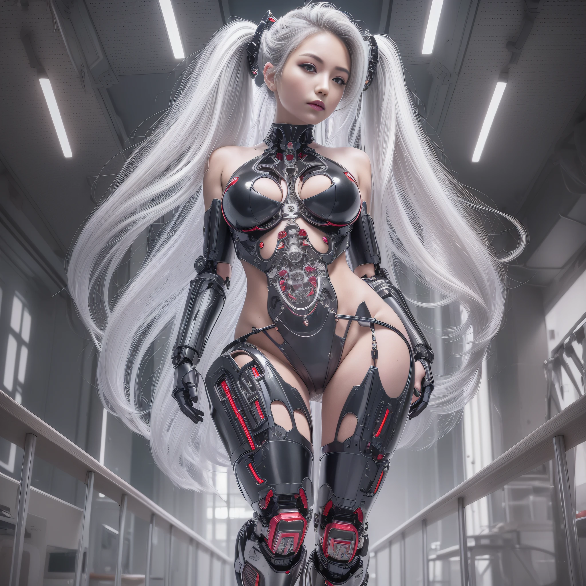 Beautiful Face,Face is Japan, 1 Woman, Big, Curvaceous, (8k, RAW Photo, Best Quality, Masterpiece: 1.2), (HDR, Realistic, Photorealistic: 1.37) (Blood vessel attached to tube), (Bikini Cyborg Robot Parts)))), (Light Grey Hair), Long Hair, Wavy Hair, Twin Tails, Medium Shot, ( Seductive smile)), (black eyes), princess cut,from below,(whole body),posing,,inside the lab,( blood vessel connected to a tube),((mechanical vertebrae attached to the back)),((mechanical neck attached to the neck)),(wire cable attached to the head and body),(character focus),science fiction,perfect female figure,perfect anatomy,ultraanatomy, Full body shot,